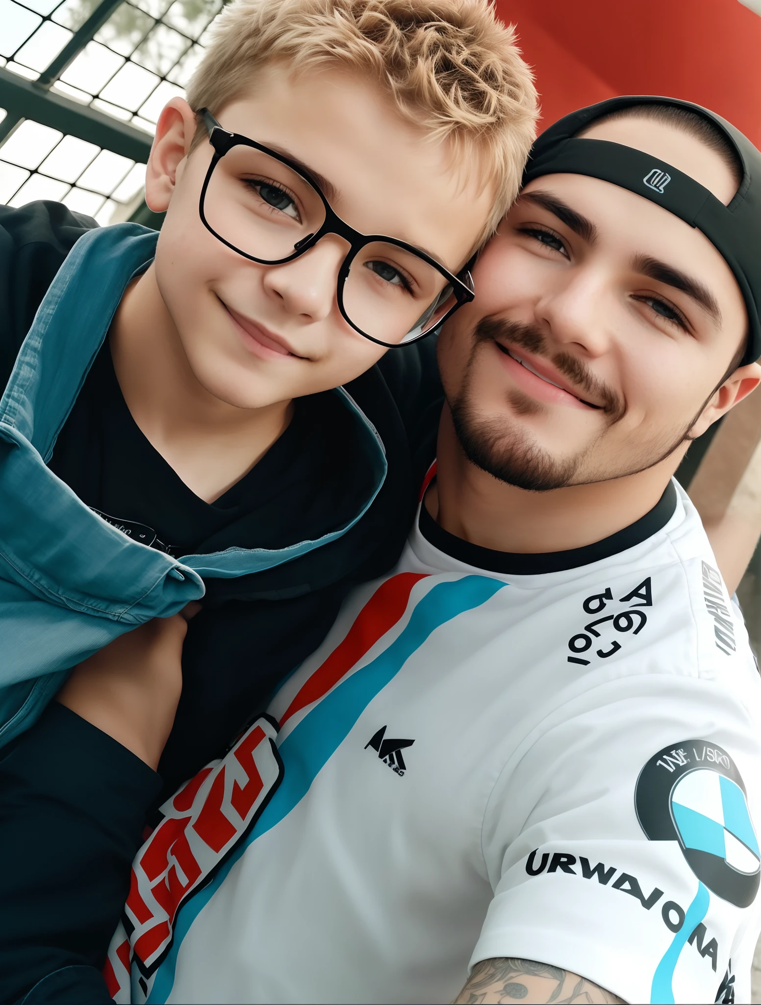 There is a man and a boy who are posing for a photograph, Streamer do Twitch / Jogador Ludwig, mateus 9 5, imagem de qualidade muito baixa, 4 k post, Postagem 4k, fotografia, with a kid, Nico Delort, inspirado em Nathan Oliveira, na pista de corrida, Upload de alta qualidade, Msxotto, instagram story, com octanagem