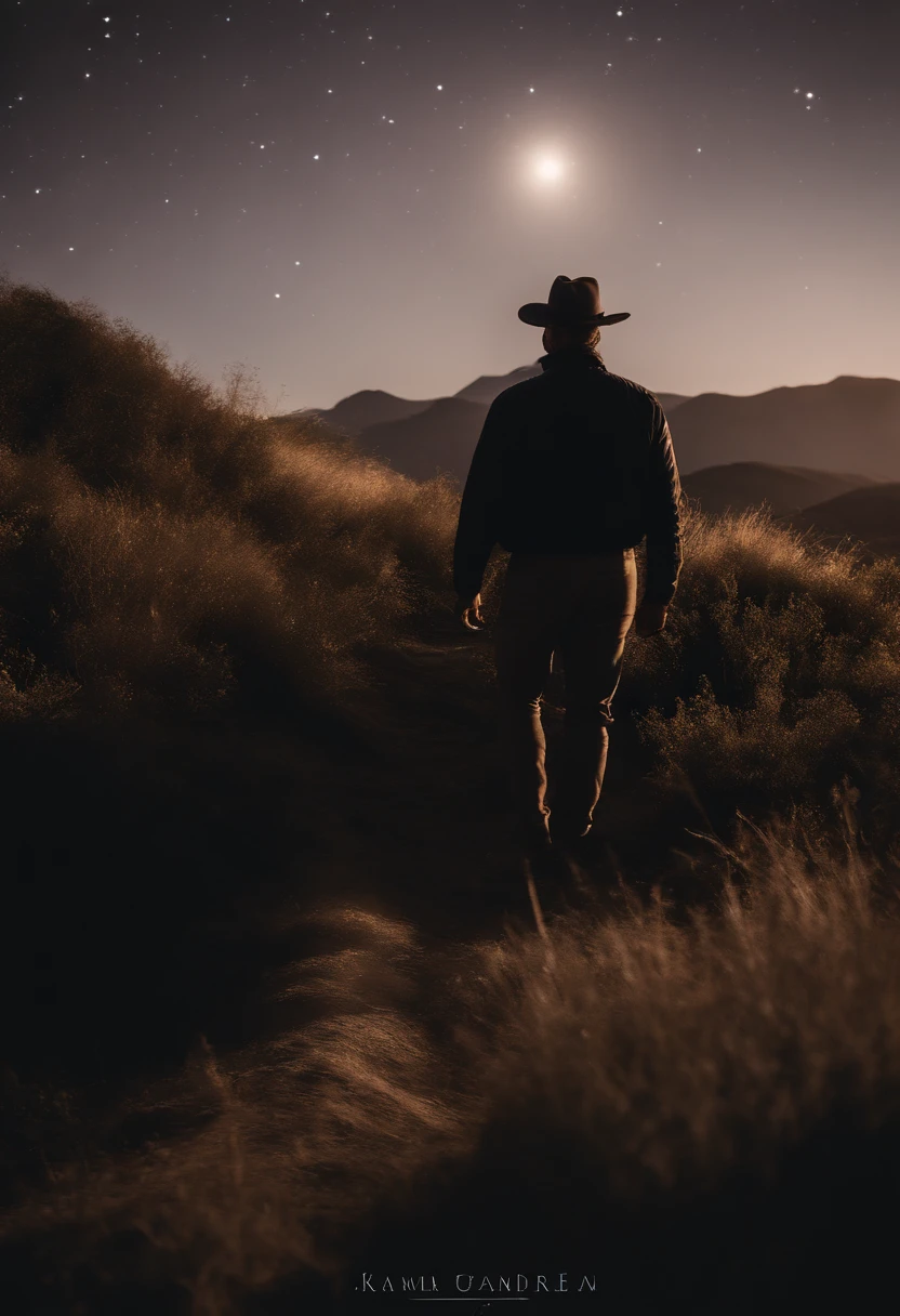 alta qualidade, 8k ultra hd |, Ultra-realistic and highly detailed starry sky,  homem estatura mediana cabelos curtos castanha claro, barbas longas em cima de um cavalo ?????