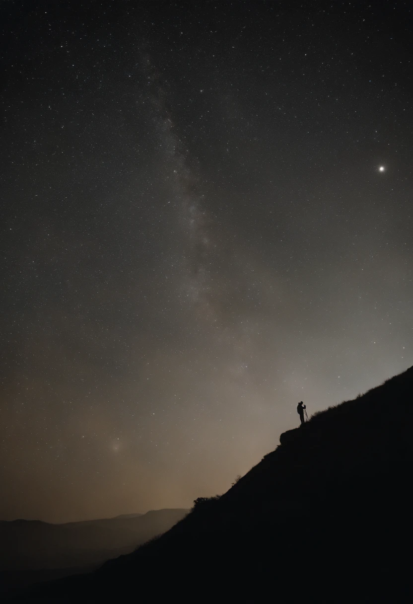 alta qualidade, 8k ultra hd |, Ultra-realistic and highly detailed starry sky,  homem estatura mediana cabelos curtos castanha claro, barbas longas em cima de um cavalo negro