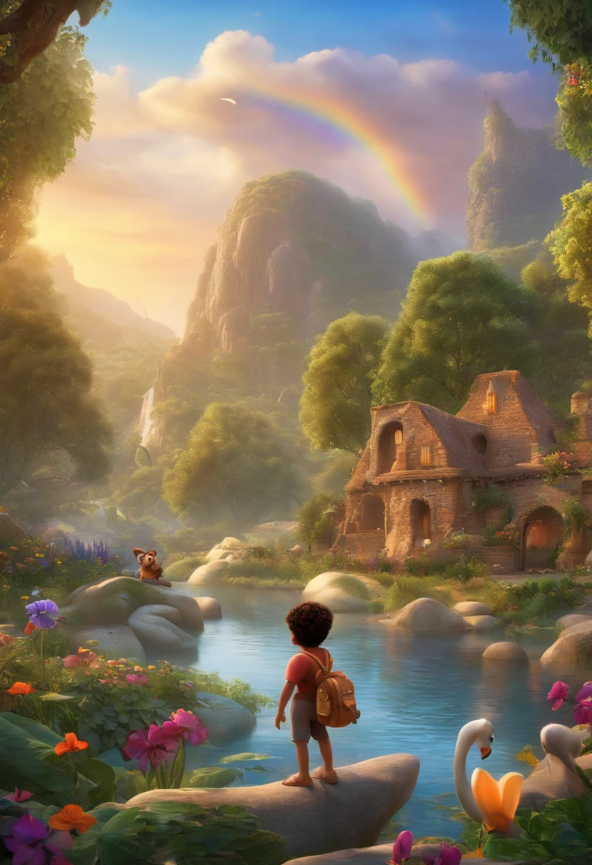 best quality,(best quality: 1.2, photorealistic), Disney Pixar movie poster, title: "Pearl's Adventures", illustration, adventure, fantasy, movie poster, animated characters, beautiful detailed scenery, colorful, colorful fantasy world, enchanting landscapes , magical atmosphere , enchanted forest, sparkling river, hidden treasures, extraordinary creatures, friendly characters, stunning views, extravagant designs, vibrant colors, emotionally joyful experience, magic, childhood memories, exciting quest, the main character is 4 year old girl age, oval face, dark brown skin, light brown hair, brown eyes, fine features, frizzy curly hair, curled at the back, perfect light teeth, delicate physiognomy, beautiful smile. companion,bravery,curiosity,friendship,exploration,discovery,wonder,enchantment,captivating soundtrack,special effects, recording video as a reporter in the Disney Pixar film UP High Adventures