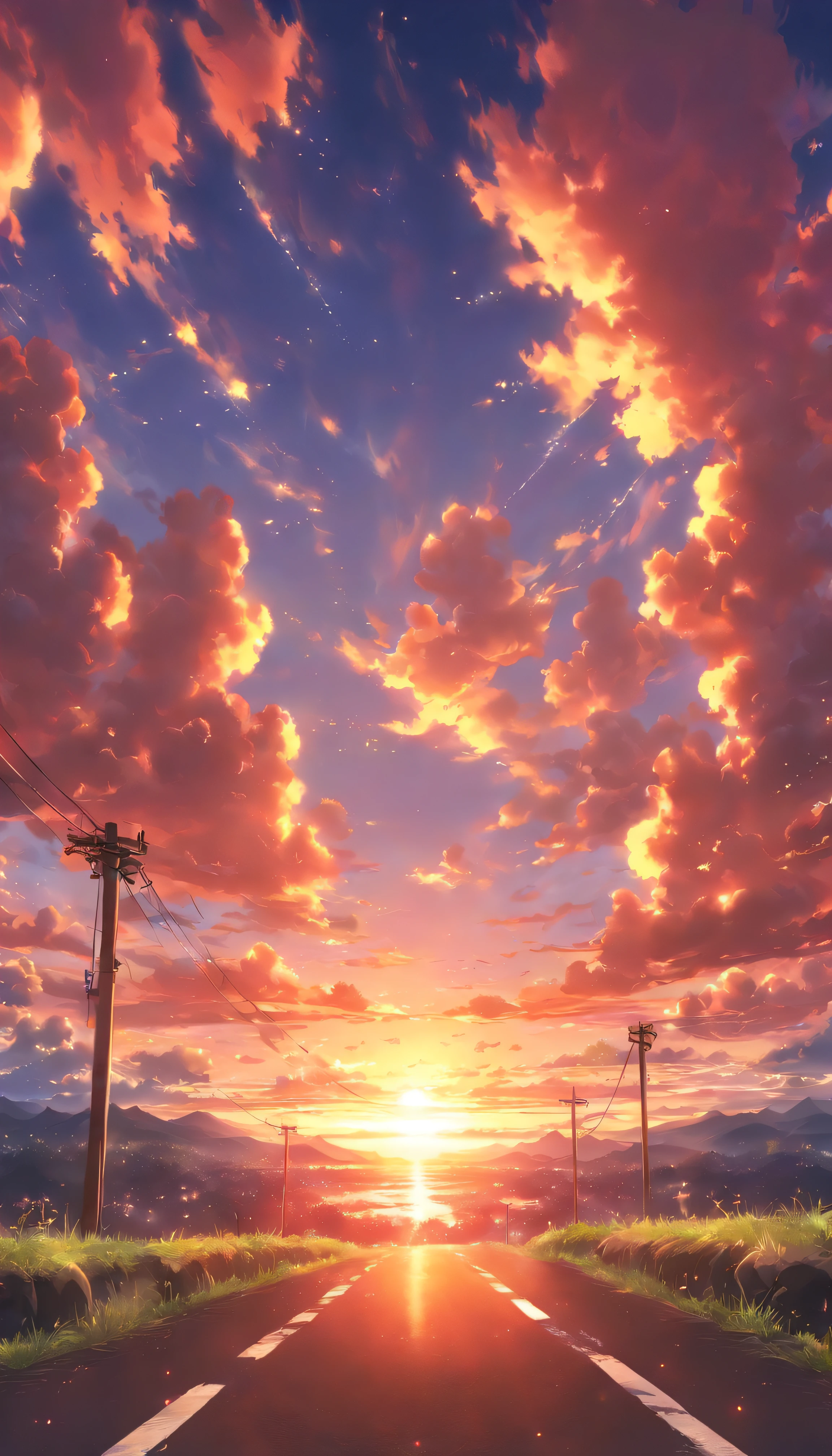 The never-ending road.Sunset、The sky is dyed with beautiful colors。Fantastic sky. crystal clear skies.High quality down to the smallest detail. fantastic landscape .