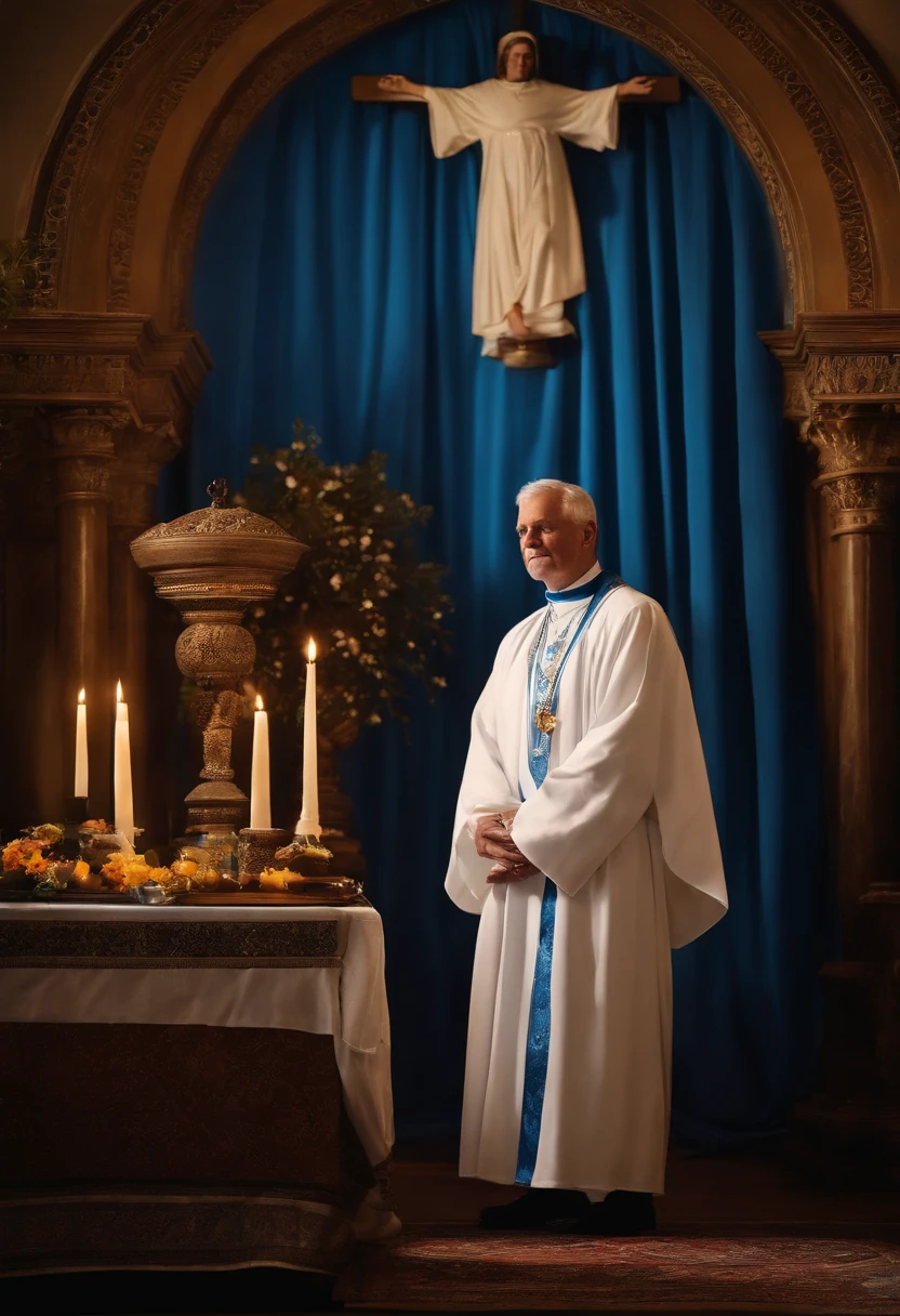 photograph of a priest dressed in a white robe, blue stole and blue bow in honor of prostate cancer. on a full body altar