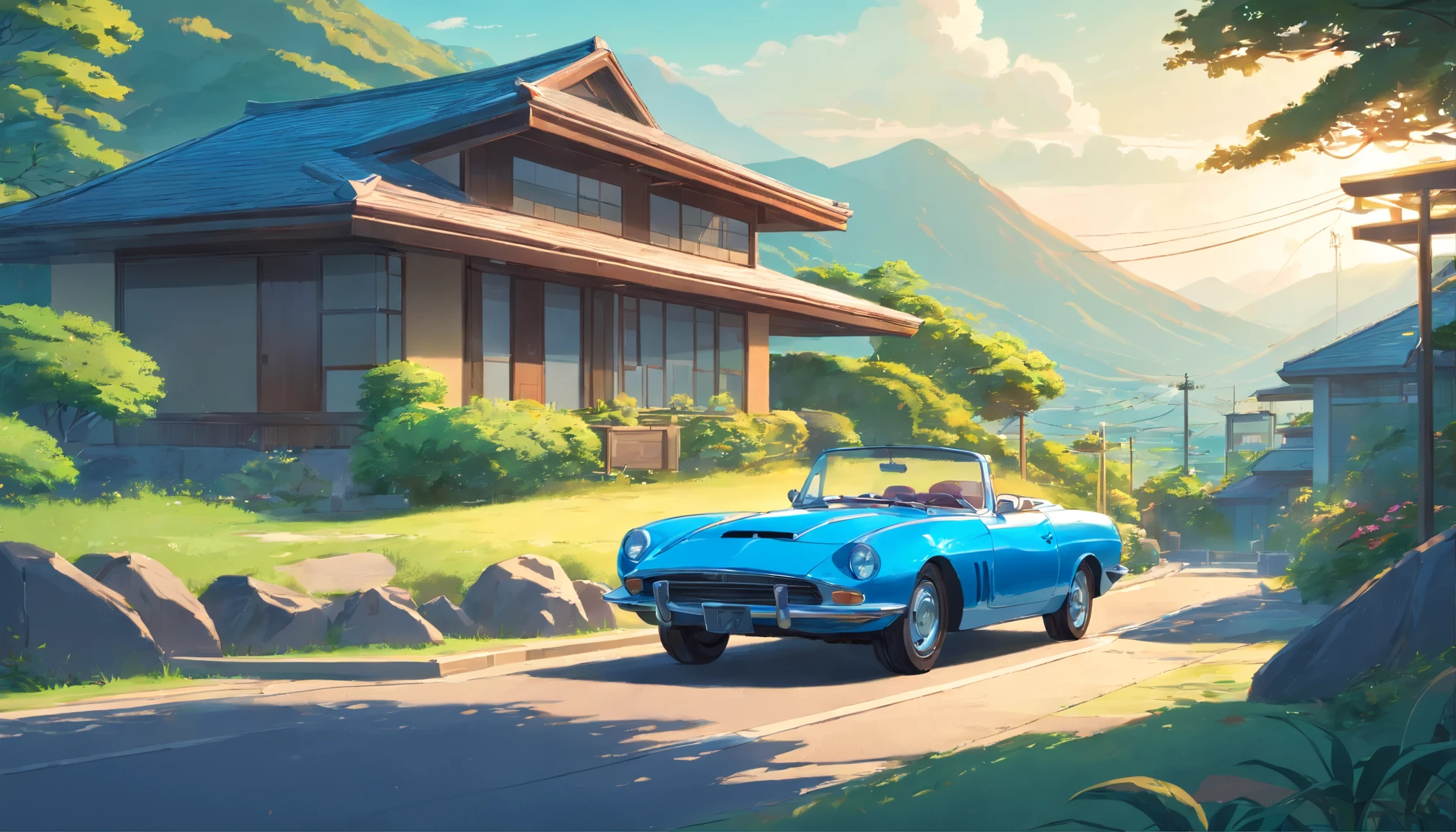 Painting of a silver blue convertible car at a ultra modern bungalow with rocks and lush vegetation, mountains in the background, california, Anime background art, Anime landscape, Highly detailed illustration, anime style cityscape, Makoto Shinkai's style, anime backgrounds, Anime landscapes, in the style of makoto shinkai, drawn in anime painter studio, beautiful anime scenery, Anime landscape concept art, Digital painting