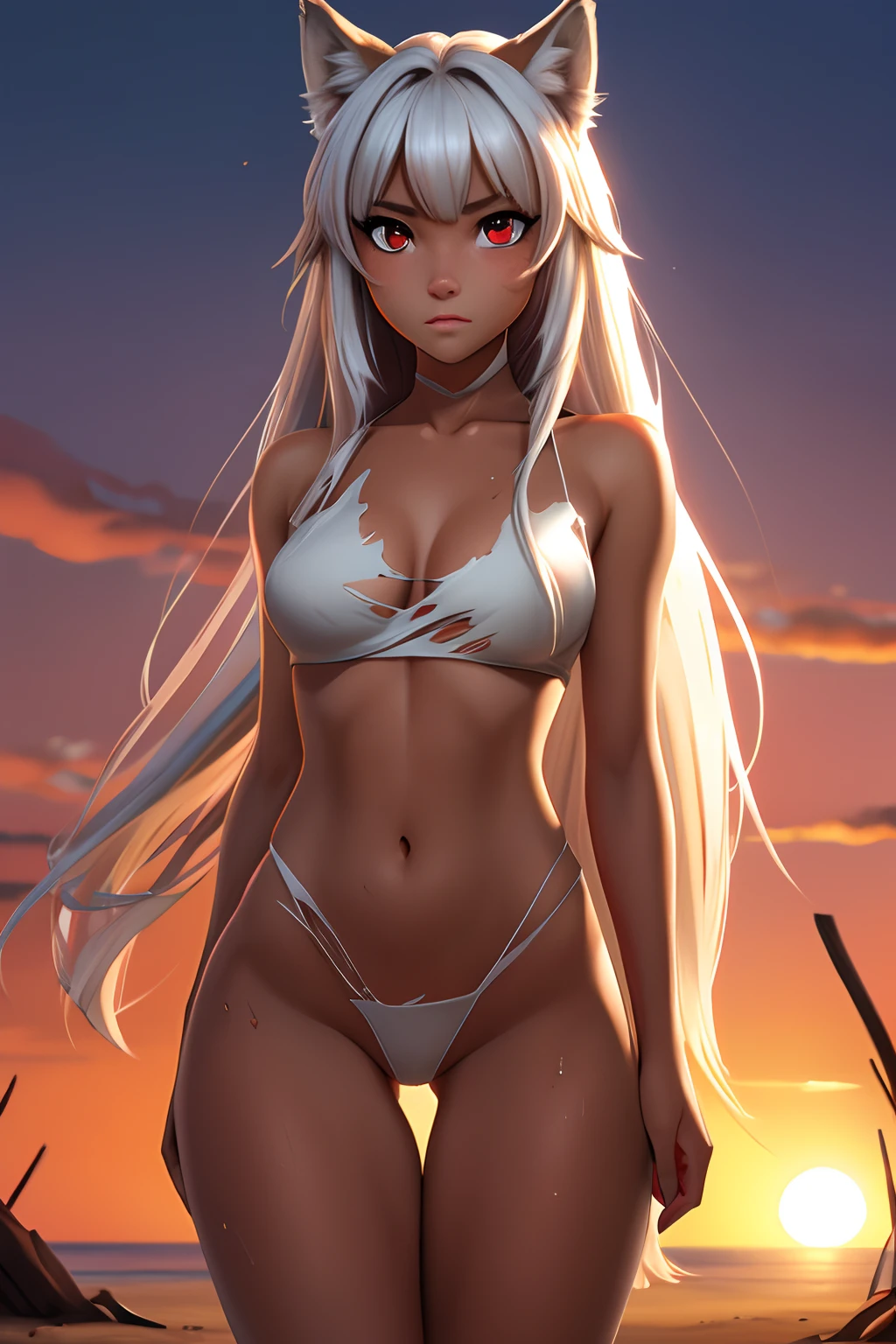 White Wolf Girl, Anthropomorphic female wolf, There is a wolf's tail, furry wolf, Wolf Features, Long messy hair and long bangs, Beautiful cute face, A cautious expression on his face, caution, distrust, Facing the camera, cos: covered with wolf hair, Skin color: white, Dirty body sweaty, Body glare, Scarred body, tanned body, ((pretty eyes)), red-eyes, ((Perfect Sexy Figure)), Ideal body shapes, big thighs, ((Subtle and beautiful)), ((The savage's clothes are torn and dirty)), Sexually seductive standing position, Full-length, background: wild jungle desert island sunset, Depth of field, ((ultra quality)), ((tmasterpiece)), clear image, crisp details, Realistic, Professional Photo Session, Clear Focus, the anime, Colorfully drawn