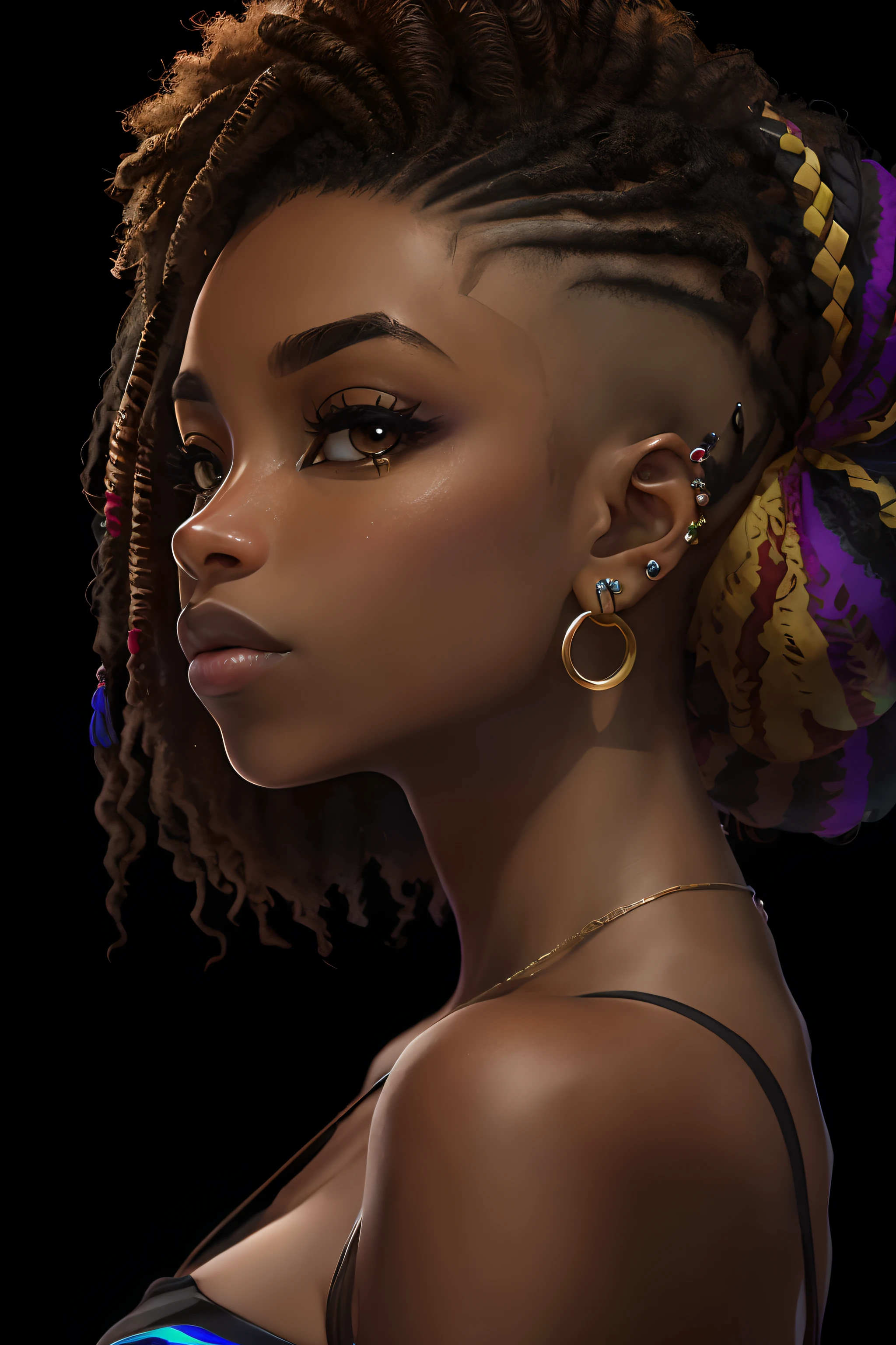 obra-prima, melhor qualidade, ultra-detalhado, 8K, luz detalhada, sombra detalhada, RAW, (pele detalhada), (realista: 1.2), 1 Mulher negra (afrodescendente), natural da africana, pele negra, sensual, pele refinada, rosto, unhas, cabelos encaracolados, olhando para o visualizador, piercing, fundo niquelado, boca fechada, olhos castanhos escuros, esmalte de unha vermelho,-auto