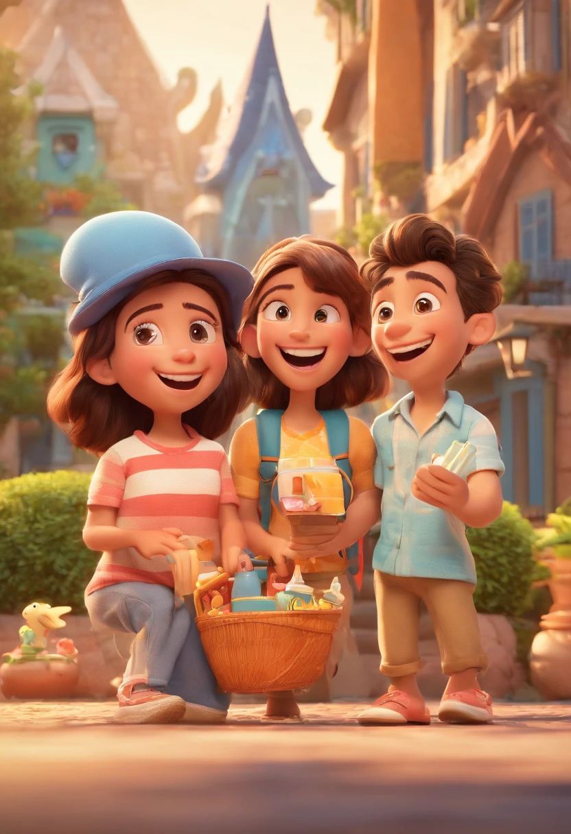 Cartoon of friends having fun on vacation together, 3D Animation Movie Poster, Poster de filme animado, pixar 3 d animation style, pixar renderman rendering, maia 8 mil, animated film, Disney Pixar Estilo 3D, amigos felizes saem juntos, all wearing light blue shirts and cream brown long pants, camisa azul clara, cream brown pants, ao ar livre, vacation, Disney Pixar Animation Poster