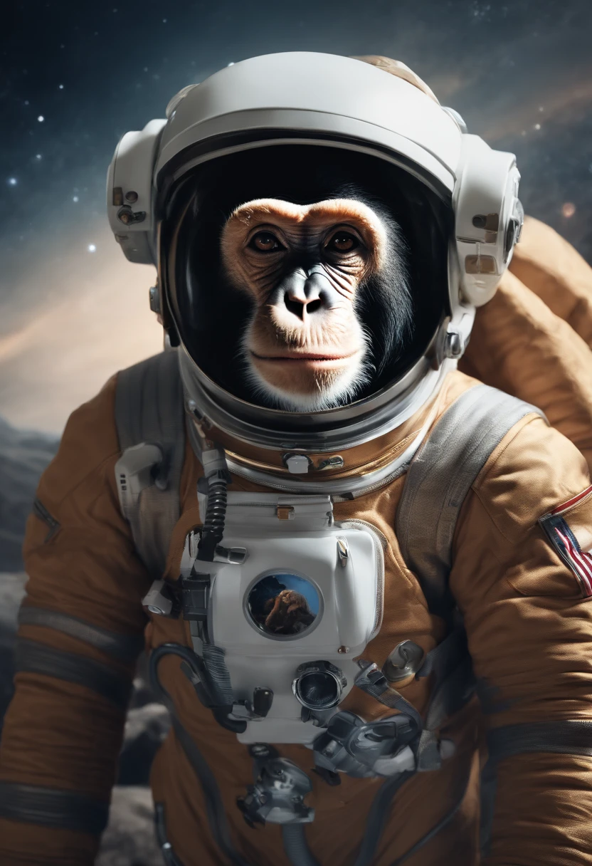 a close up of a monkey wearing a space suit and helmet, astronaut with a chimpanzee, portrait of chimpanzee in space, bored ape nft, cosmonaut, detailed astronaut, humanoid monkey fantasy race, astronaut, ape, portrait of an ai astronaut, marmoset render, monkey, planet of the apes, an astronaut