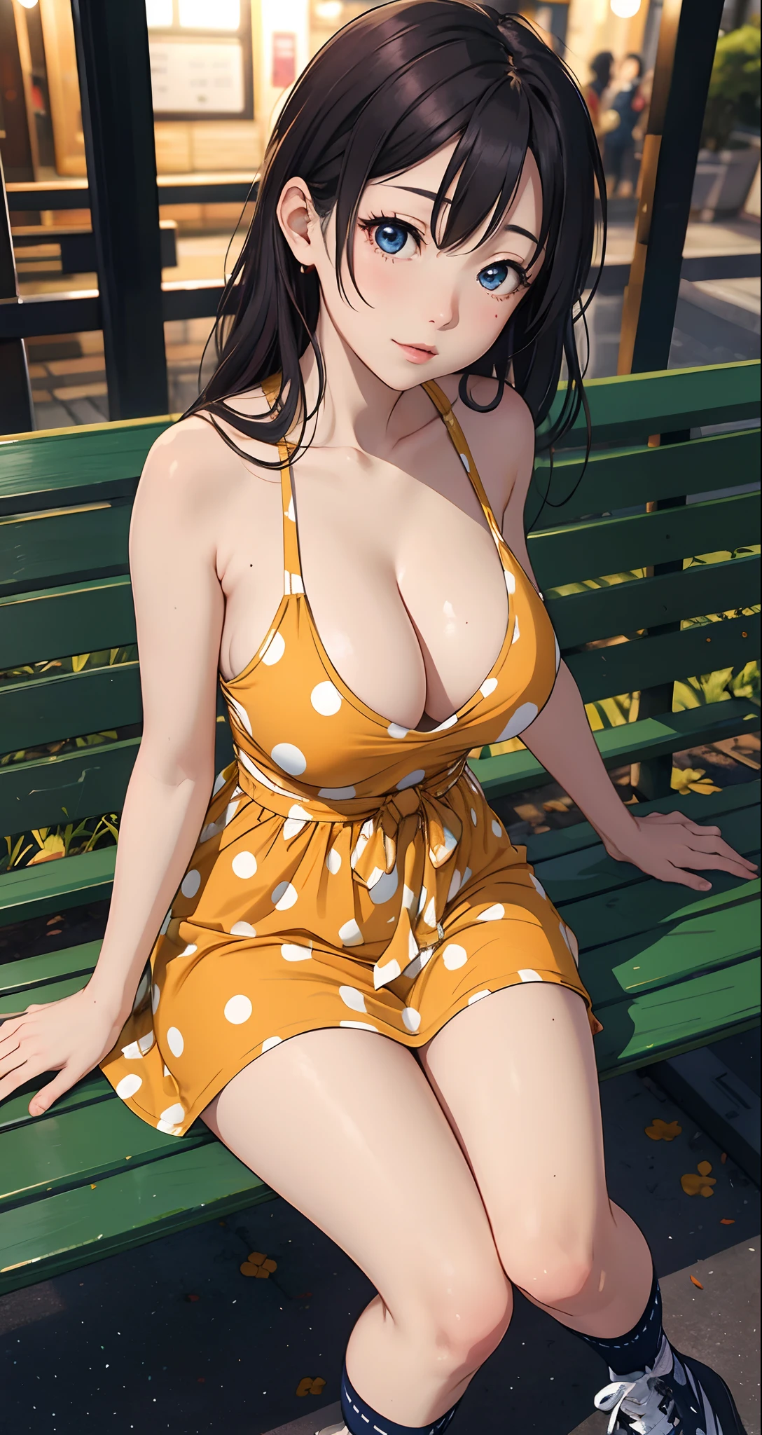 masterpiece, best quality, kousaka honoka,28 year old woman,long hair,shiny_skin,thin_waist,huge breasts
BREAK
polka_dots_midi_dress,socks,
        converse
BREAK
night,, Drawing_class,,crowd:1.1,depth of field,looking at viewer,sitting on bench,random pose