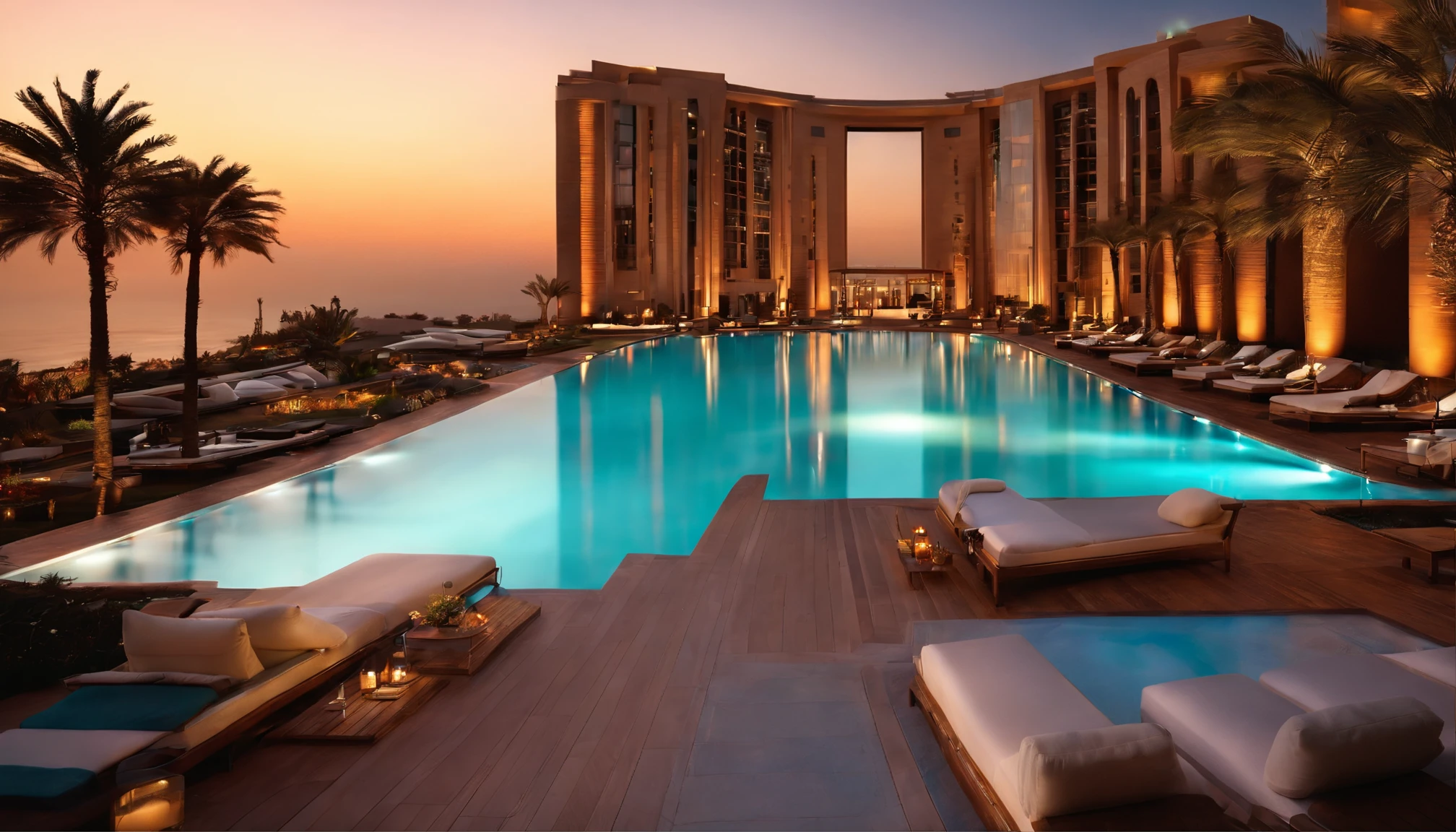 (((Sunset in Dubai)),((Tower Hotel)),The stunning night view is super beautiful.,((The outdoor living room on the hill is a large open veranda)),Moody ocean blue pool,((A strong blue light lit up from the bottom of the pool envelops the area)),(High-quality flooring by the pool),Cushions for relaxation,(Iridescent sunset),Mysterious Sea,4k,An ultra-high picture quality,Luxury space,Moody indirect lighting,houseplant,rich,Rich,VIP,VIP Moments