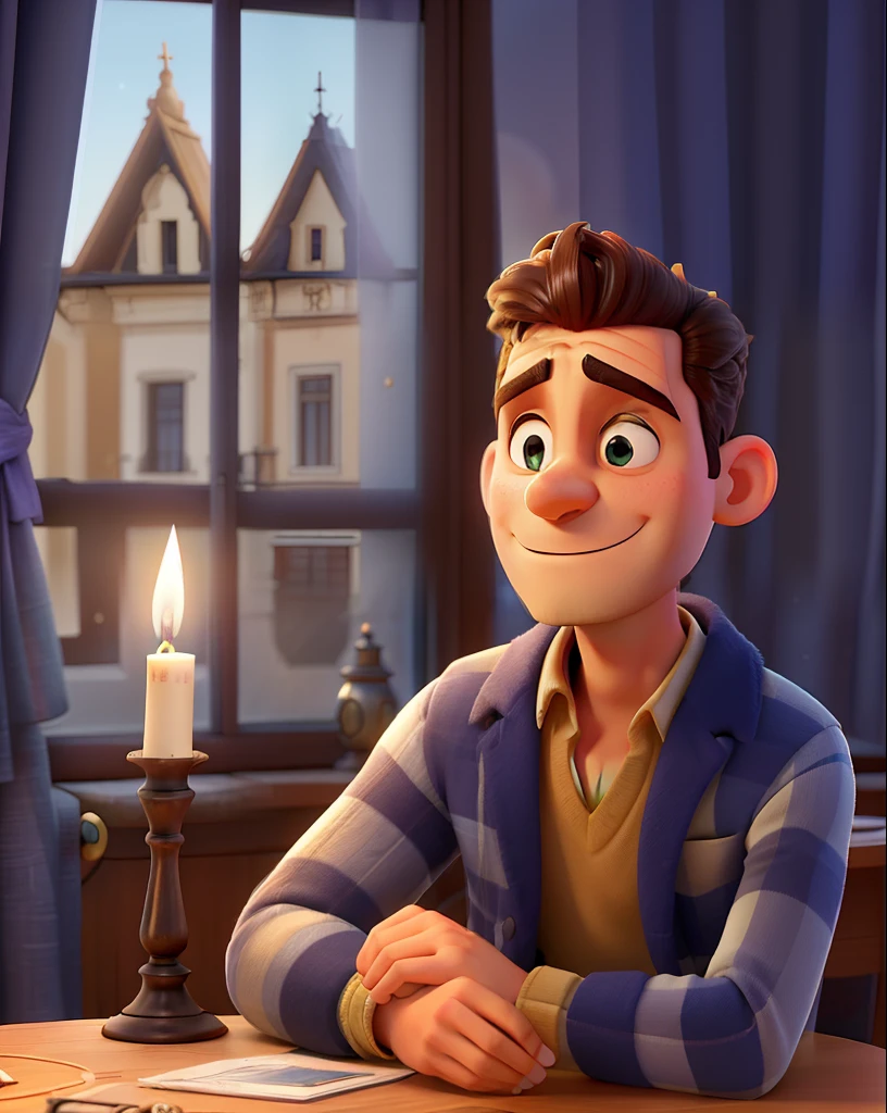Um homem vestindo um terno como o do Jack skellington, veste uma capa de bruxo prata, Next to it is a small round table with a golden candlestick and in the background a window, cortinas cor de vinho, poses while looking at the camera sideways, cabelos pretos, rosto sem barba, rosto magro, In his hand a dark Zul umbrella, The sky that appears in the window is dark and starry
