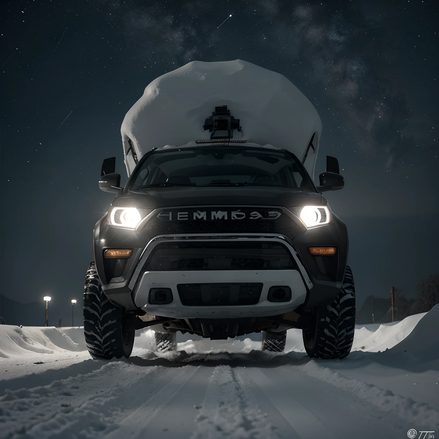 Cuerpo completo. Gray alien riding a snowmobile riding the snow-covered road in the middle of winter, gran angular, octanaje renderizado, iluminacion volumetrica, golden ratio, trending on artstation, imagen en 3D, renderizado 3D, resolucion 64K. photographic style: Lente 50mm apertura F2.5 Nikon D500. Sugerencias: No debe salir: Feo, ruido, grano, mala anatomia, malas proporciones, mal arte, mal dibujado, cara mala dibujada, mutado, mutilate, morbid, miembros perdidos, miembros extras, miembros flotantes, miembros fusionados, fuera de foco, fuera de marco, low res, Cartoon, plastico, Undressed