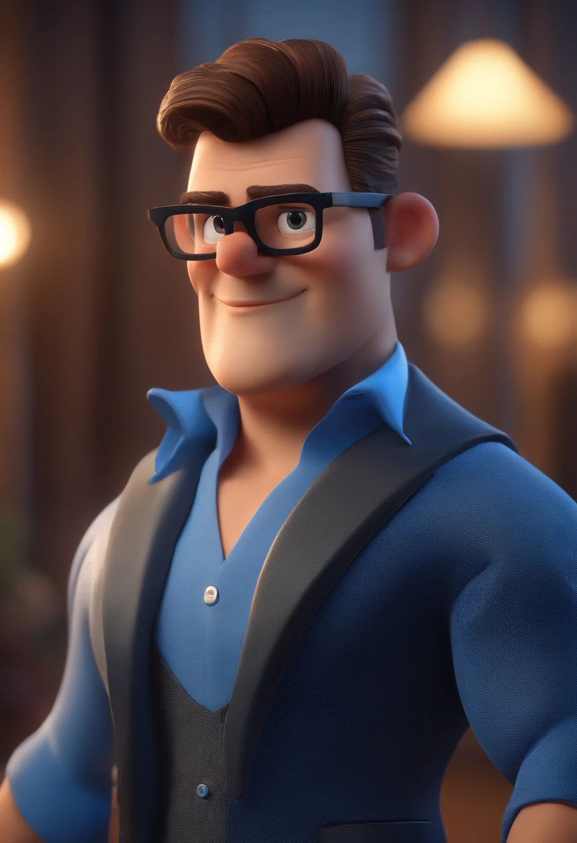 Cartoon character of a man with black glasses and a blue shirt, animation character, Caractere estilizado, animation style rendering, 3D estilizado, Arnold Maya render, 3 d render stylized, toon render keyshot, Personagem 3D, Personagem 3D, 3d rendering stylized, 3 d character render, personagem de desenho animado, Personagem de close up, Pose de personagem,  (Estilo Pixar) (master part:1.2) (Bokeh) (best quality) (pele detalhada) (textura detalhada) (8k) (argila) (Cinematic lighting) (foco nítido
