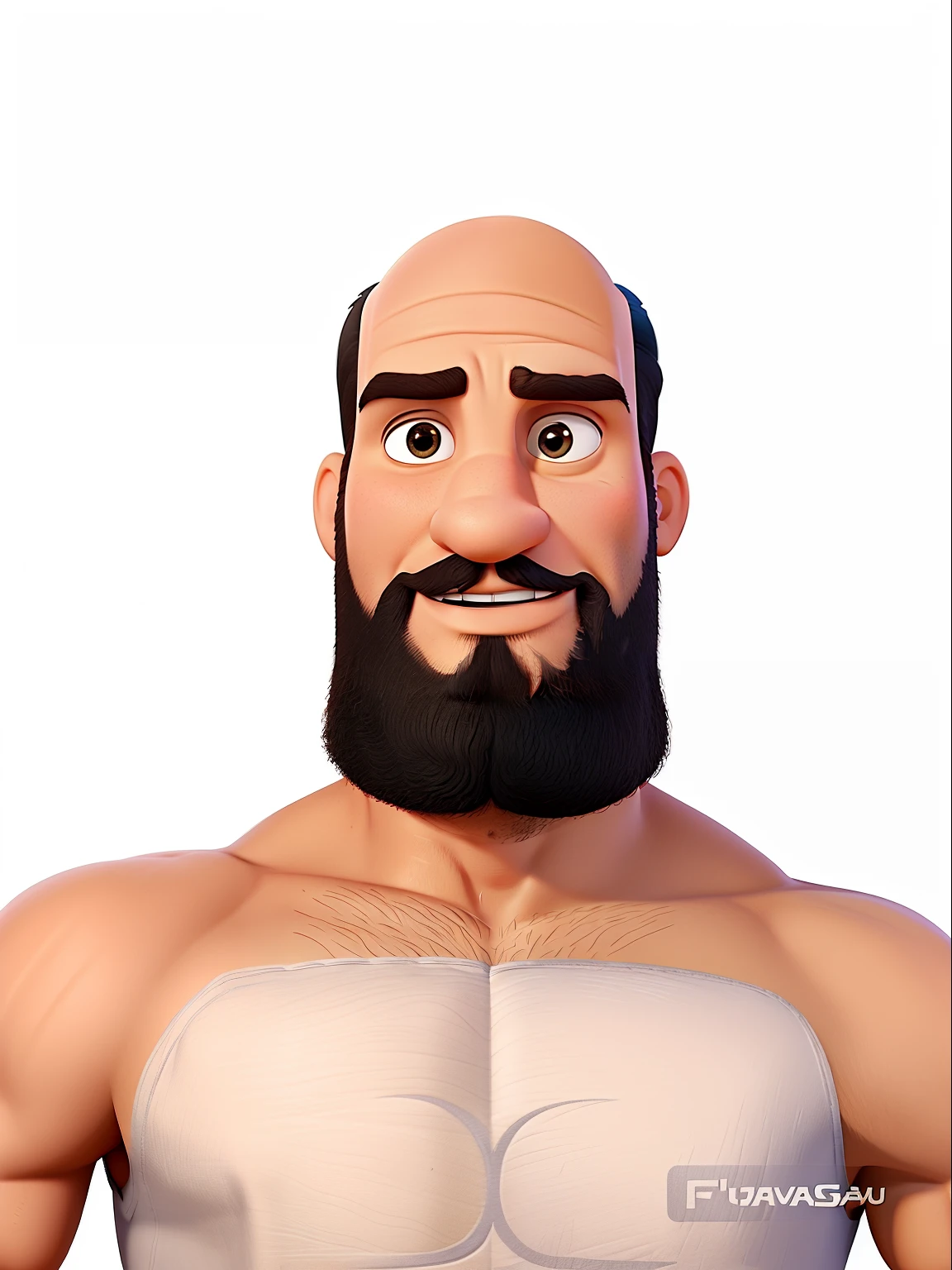 Poster no estilo Disney pixar, alta qualidade, melhor qualidade, homem sexy branco, 30 anos careca barba preta, musculoso, com fundo em um restaurante a luz de velas