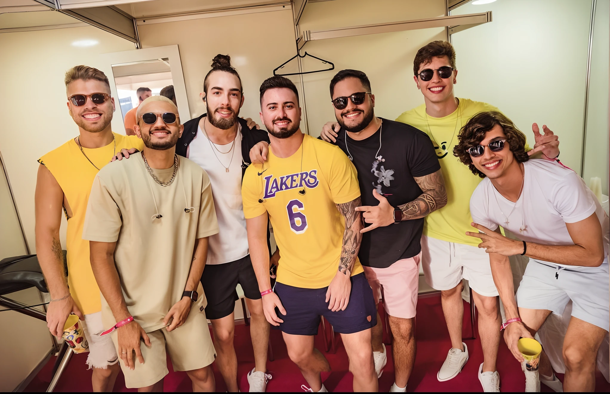 There are many men posing for a picture in a room, Cantor Maluma, Liam Brazier e Nielly, meninos de rua, In Sao Paulo, São Paulo, sombrio, post malone, music festival, festival vibes, oficial, lucas graziano, Directed by: Nandor Soldier, sao paulo, Liam, cool looking, vestindo bermuda e camiseta