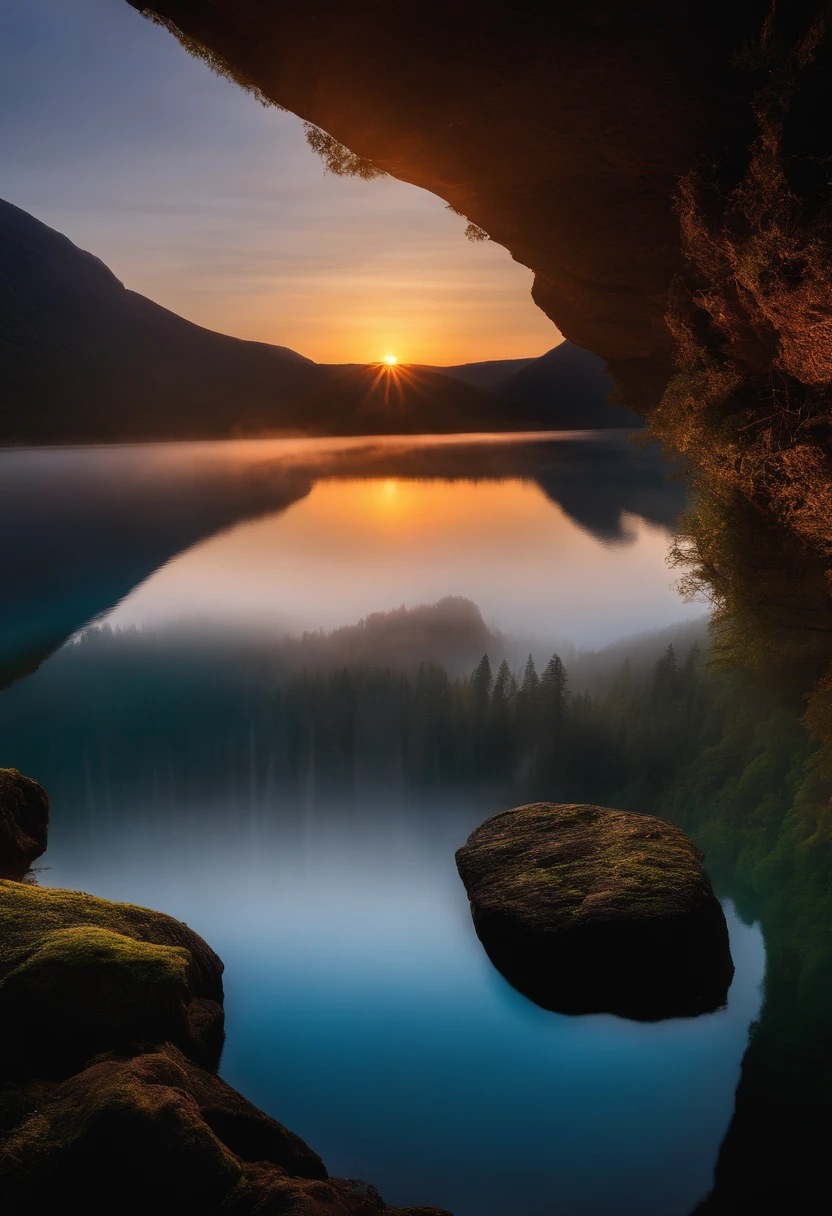A photograph that captures the essence of a magical dream - like the world. An epic and legendary cliff that hangs over a beautiful lake, com cores surreais e vibrantes iluminando seu reflexo. The atmosphere is otherworldly, with soft night light casting ethereal shadows. The image creates a sense of depth and mystery, as if the viewer is being transported to another dimension, Creating a beautiful and haunting composition. Fotografado com uma Canon EosIII Zeiss de 120mm de largura