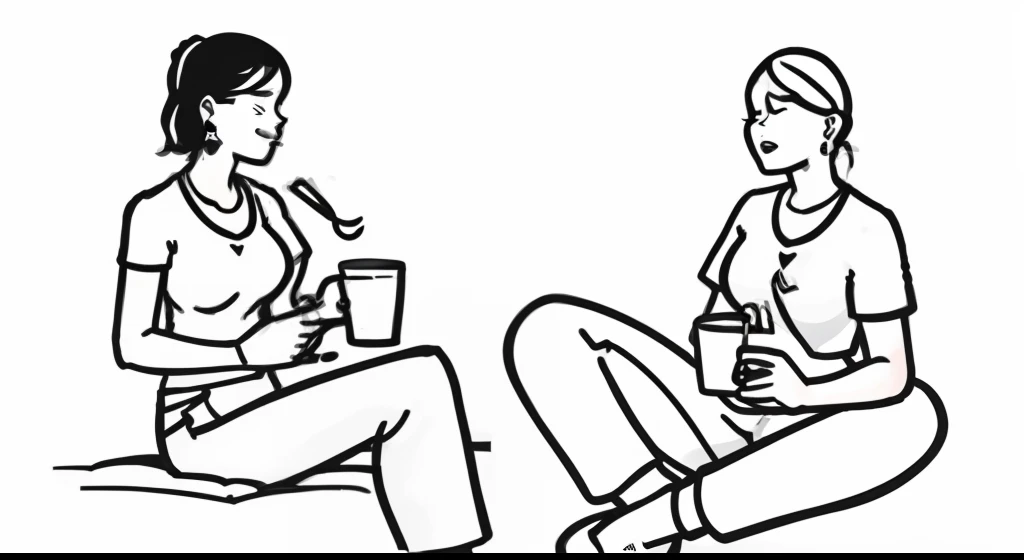 storyboard style , monochromatic
white background Jacqueline Fernandez in tshirt and trouser, sipping coffee