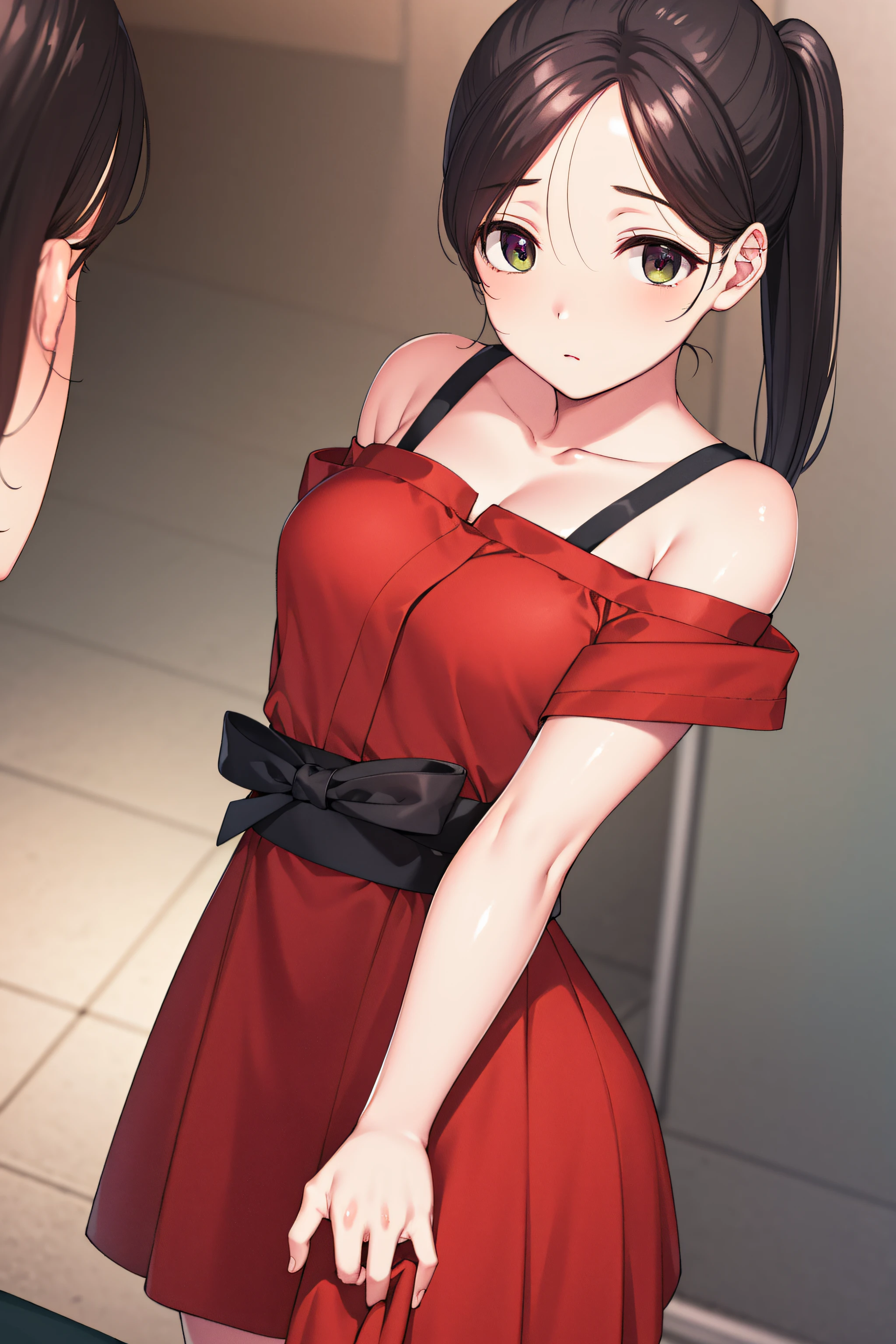 akaneyoshizawa, akane yoshizawa, black hair, ponytail, (green eyes:1.5), swept bangs, long hair,
BREAK wearing red dress,sleeveless,japanese_clothes,bare_shoulders,(Closed_clothes),
BREAK indoors, classroom,
BREAK looking at viewer, (cowboy shot:1.5),standing, leaning forward, arms behind back
BREAK (masterpiece:1.2), best quality, high resolution,NSFW ,unity 8k wallpaper, (illustration:0.8), (beautiful detailed eyes:1.6), extremely detailed face, perfect lighting, extremely detailed CG, (perfect hands, perfect anatomy),