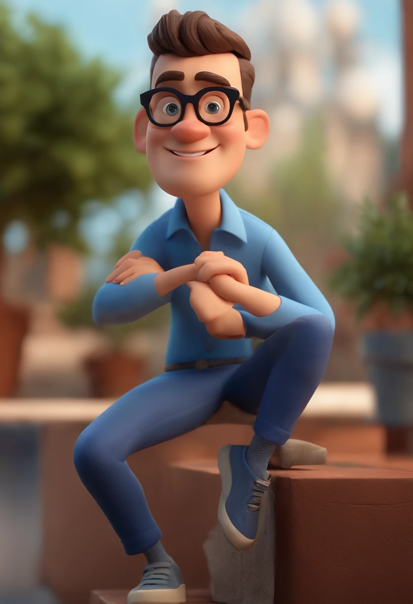 Cartoon character of a man wearing black glasses and a blue shirt, um personagem animado, Caractere estilizado, animation style rendering, 3D estilizado, Arnold Maya render, 3 d render stylized, toon render keyshot, Personagem 3D, Personagem 3D, 3d rendering stylized, 3 d character render, personagem de desenho animado, Personagem de close up, Pose de personagem, (Estilo Pixar) (master part:1.2) (Bokeh) (best quality) (pele detalhada) (textura detalhada) (8k) (argila) (Cinematic lighting) (foco nítido，Senta e vaza a parte superior do corpo