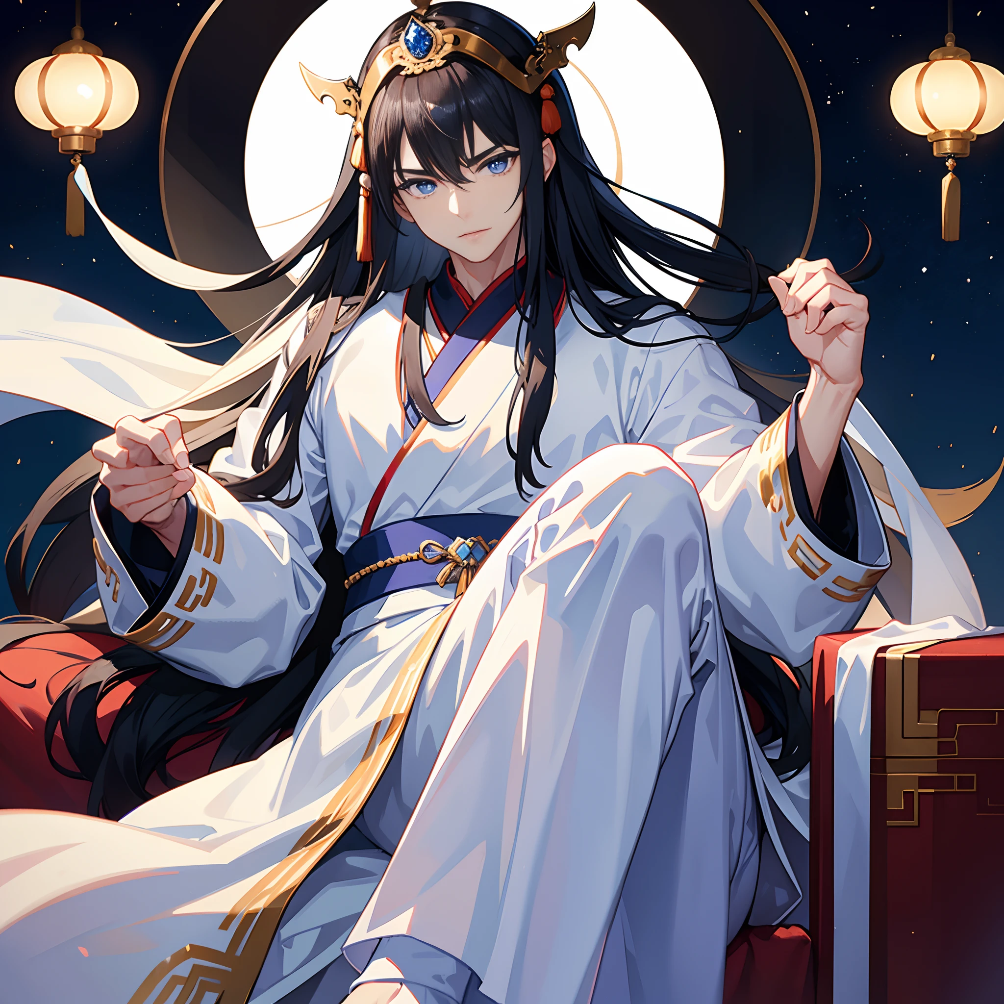 a man,lean,muscular,wearing  white traditional royal chinese robes,long black hair with a chinses head piece,blue eyes