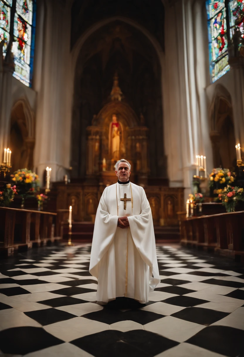 photograph of a priest dressed in a white robe and stole. on a full body altar