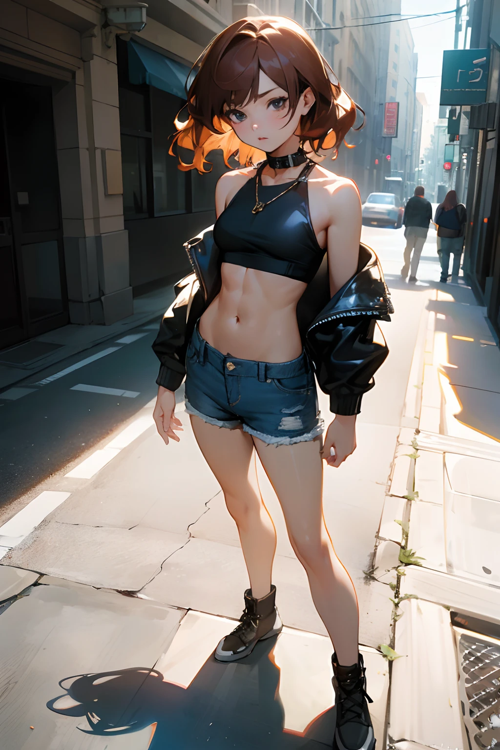 ((medium breast, tomboy girls, small head)), daylight, sunlight, (chiseled abs : 1.1), (perfect body : 1.1), (short wavy hair : 1.2) , auburn hair, collar, chain, full body shot, crowded street, wearing black tanktop, jeans jacket, ((shorts)), (extremely detailed CG 8k wallpaper), (an extremely delicate and beautiful), (masterpiece), (best quality:1.0), (ultra highres:1.0),  beautiful lighting ,perfect lightning, realistic shadows, [highres], detailed skin, ultra-detailed