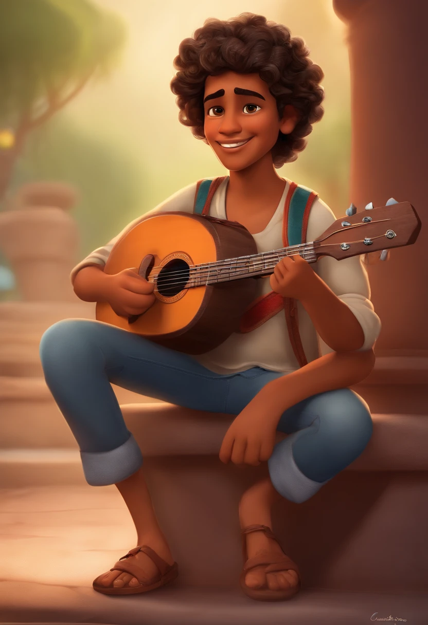 crie um banner no estilo Pixar. A boy with Indian features, moreno pardo com cabelos curtos, Castanhos escuros, Curly and slightly grayish appearance, mas jovem, usando uma camiseta, Wearing jeans and holding a classical guitar with 7 strings.