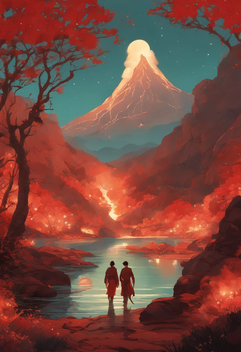 Light of Faith Poster, Arte desviante, Sub Arte, arte oficial, Luz do Inferno, official poster artwork, ( ( Victo ngai ) ), ,anime ainda filme anime shikishi,Estilo de pintura Nezha ,Compilar arte,A squad of troops advanced,Cercado por chamas vermelhas,Cor vermelha,A red volcano erupts in the middle