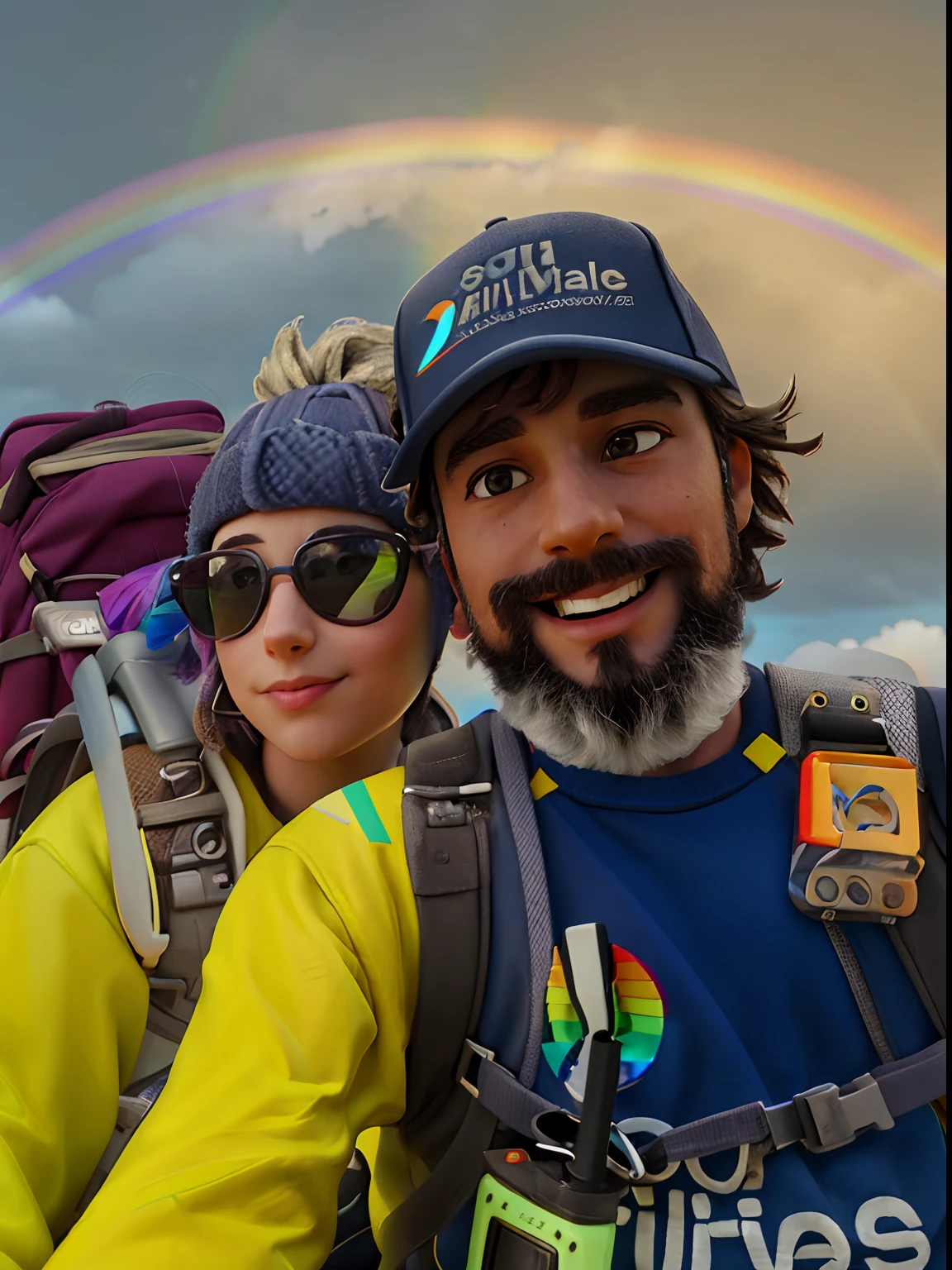 there is a man and woman that are standing together in front of a rainbow, grey skies with two rainbows, profile image, rainbows in the background, sitting on top of a rainbow, profile picture, wearing adventuring gear, rainbow trail, by Kathleen Scott, 8k photo, 8 k photo, millaise and greg rutkowski, jenna barton