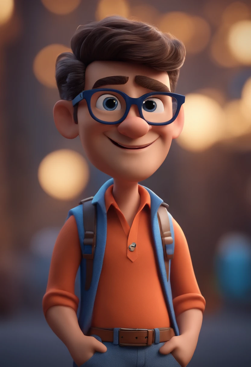 Cartoon character of a man with black glasses and a blue shirt, animation character, Caractere estilizado, animation style rendering, 3D estilizado, Arnold Maya render, 3 d render stylized, toon render keyshot, Personagem 3D, Personagem 3D, 3d rendering stylized, 3 d character render, personagem de desenho animado, Personagem de close up, Pose de personagem,  (Estilo Pixar) (master part:1.2) (Bokeh) (best quality) (pele detalhada) (textura detalhada) (8k) (argila) (Cinematic lighting) (foco nítido