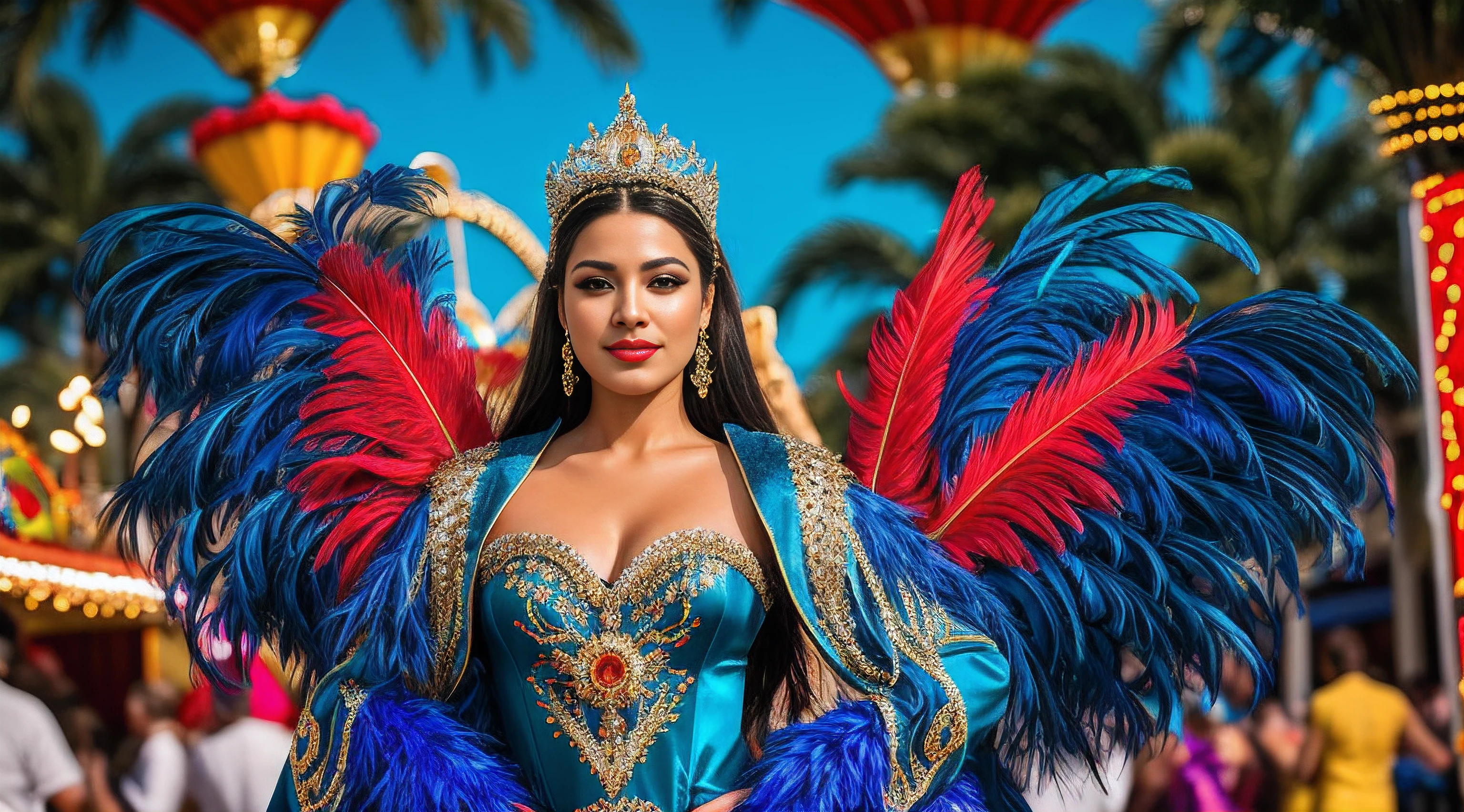 «»Photorealistic Image - Carnival Queen in Colorful Peacock Feather Costume»»

Subject: In a photorealistic scene, a captivating woman is portrayed as the reigning queen of the carnival, wearing an exquisite full-body costume adorned with an array of vibrant and colorful peacock feathers. Her regal aura and enchanting attire add a sense of grandeur to the festivities.

Type of Image: Photograph

Art Styles: Realism, Portrait Photography

Art Inspirations: Portrait photography by Annie Leibovitz and Mario Testino, capturing the essence and beauty of powerful individuals.

Camera: Medium telephoto lens (135mm)

Shot: Full-body shot, showcasing the carnival queen's majestic presence in her elaborate peacock feather costume.

Render Related Information: Realistic lighting to highlight the intricate details of the costume and the vibrant colors of the feathers. Professional photography to capture the elegance and grace of the carnival queen. Resolution at 8K for exceptional clarity and visual impact.
