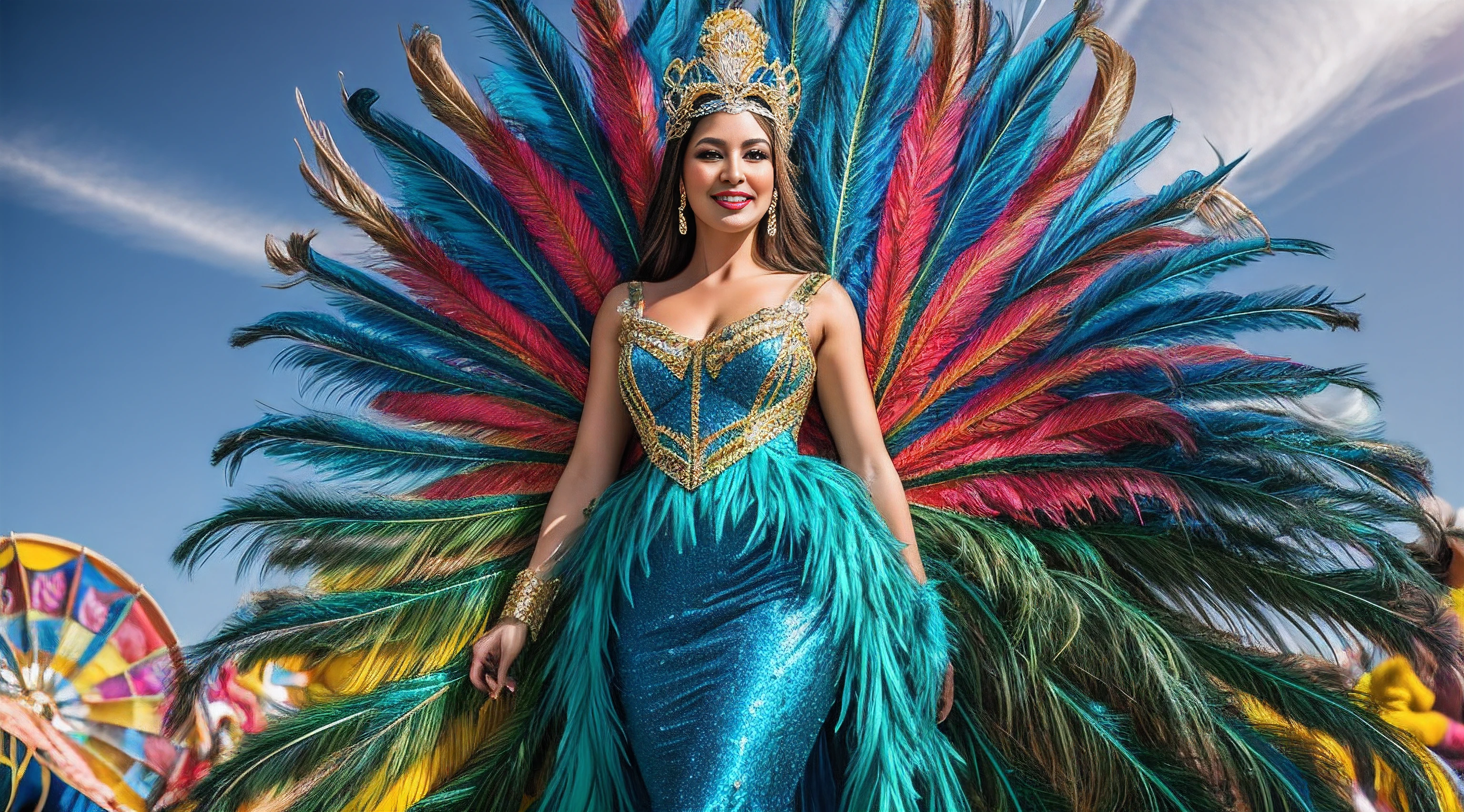 «»Photorealistic Image - Carnival Queen in Colorful Peacock Feather Costume»»
Subject: In a photorealistic scene, a captivating woman is portrayed as the reigning queen of the carnival, wearing an exquisite full-body costume adorned with an array of vibrant and colorful peacock feathers. Her regal aura and enchanting attire add a sense of grandeur to the festivities.
Type of Image: Photograph
Art Styles: Realism, Portrait Photography
Art Inspirations: Portrait photography by Annie Leibovitz and Mario Testino, capturing the essence and beauty of powerful individuals.
Camera: Medium telephoto lens (135mm)
Shot: Full-body shot, showcasing the carnival queen's majestic presence in her elaborate peacock feather costume.
Render Related Information: Realistic lighting to highlight the intricate details of the costume and the vibrant colors of the feathers. Professional photography to capture the elegance and grace of the carnival queen. Resolution at 8K for exceptional clarity and visual impact.
