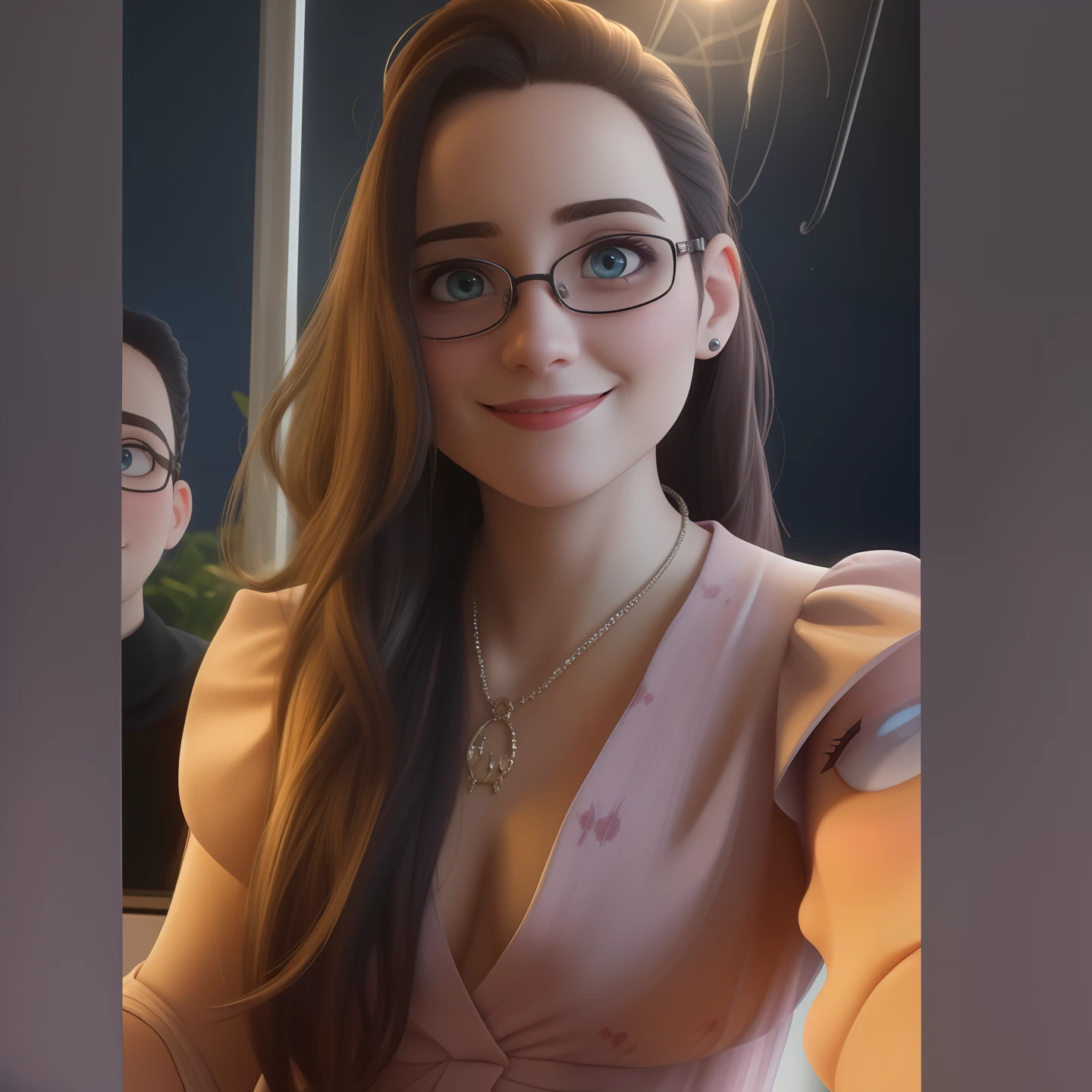 Uma mulher de 34 anos, com cabelos castanhos curtos, Rosto redondo, rosto redondo com sorriso encantador, e olhos castanhos claros, wearing glasses.