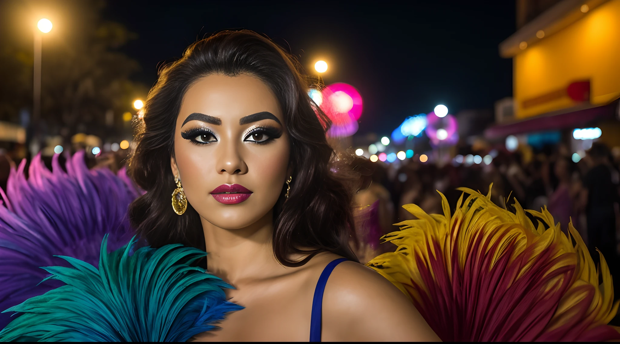 Colores abstractos, coloridos hermosos, (colores saturados), textura, film grainy, poros de piel, dusty atmospheric haze, vignette, ((facial-symmetry)), hasselblad complex dslr RAW dramatic portrait photo (mujer reina de carnaval), (disfraz de plumas de pavo real coloridas), cuerpo delgado, caderas anchas, de pie en la calle de Brasil, fondo carnaval, con mirada apasionada, mujer futurista, suelta en baile, abarrotado, Carnival procession, fuegos artificiales, confeti, fun, (noche:1.1), ridiculously long hair, Selfie without analog style eye contact filter, (retroiluz: 1. 2), (grain film:1.2), Cinematic film frame