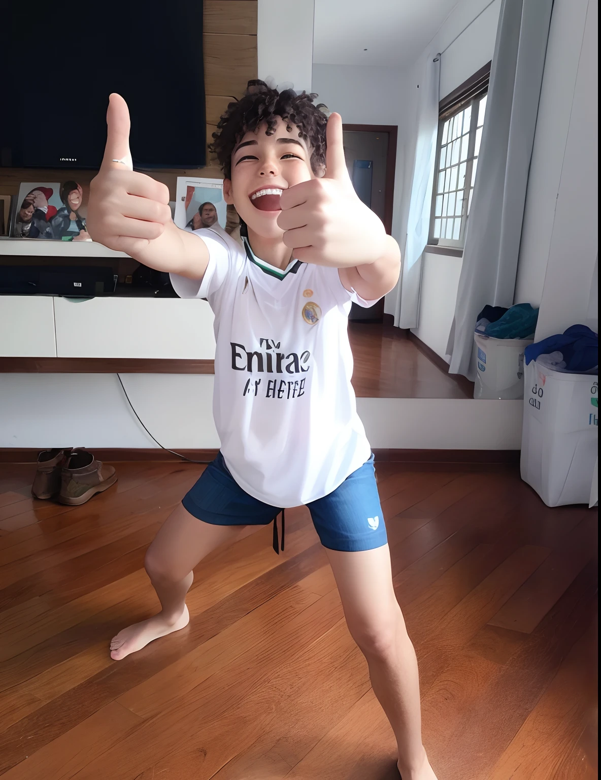 barnet, olhos verdes, camisa do real Madrid, sorrindo, cabelo ondulado