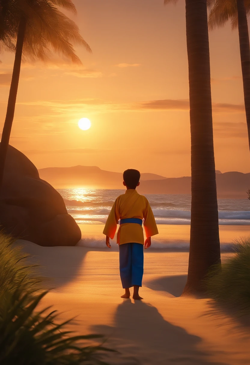 crie uma imagem estilo filmes Pixar, com uma paisagem de praia, Kimono kids training judo, e se divertindo, com o nome "Professor Fernando"