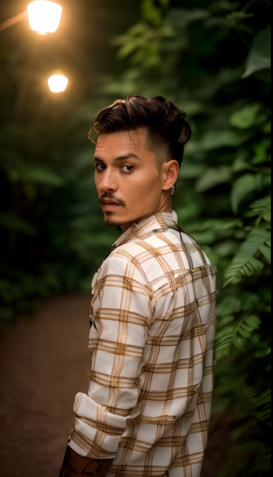 masterpiece, johnny depp walking through jungle at night among fireflies, (high detail:1 1), rough face, natural skin, high quality, nsfw, beautiful eyes, (detailed face and eyes), (face: 1 2), noise, extra, real photo, PSD, lamp film photography, sharp focus, contrast lighting, detailed skin, high resolution 8k, crazy detail, realistic, professional photography, 8k UHD, SLR camera, soft lighting, high quality, film grain, Fujifilm XT3