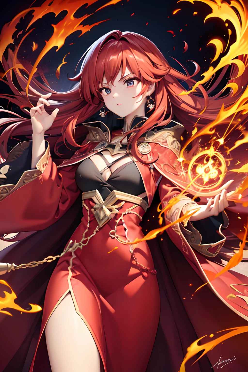 A fiery-haired sorceress, adorned in a flowing red cloak, unleashes a devastating spell in the midst of a raging thunderstorm. Captivate with intricate details, vibrant colors, and a sense of raw power. --ar 16:9 --v 5.2