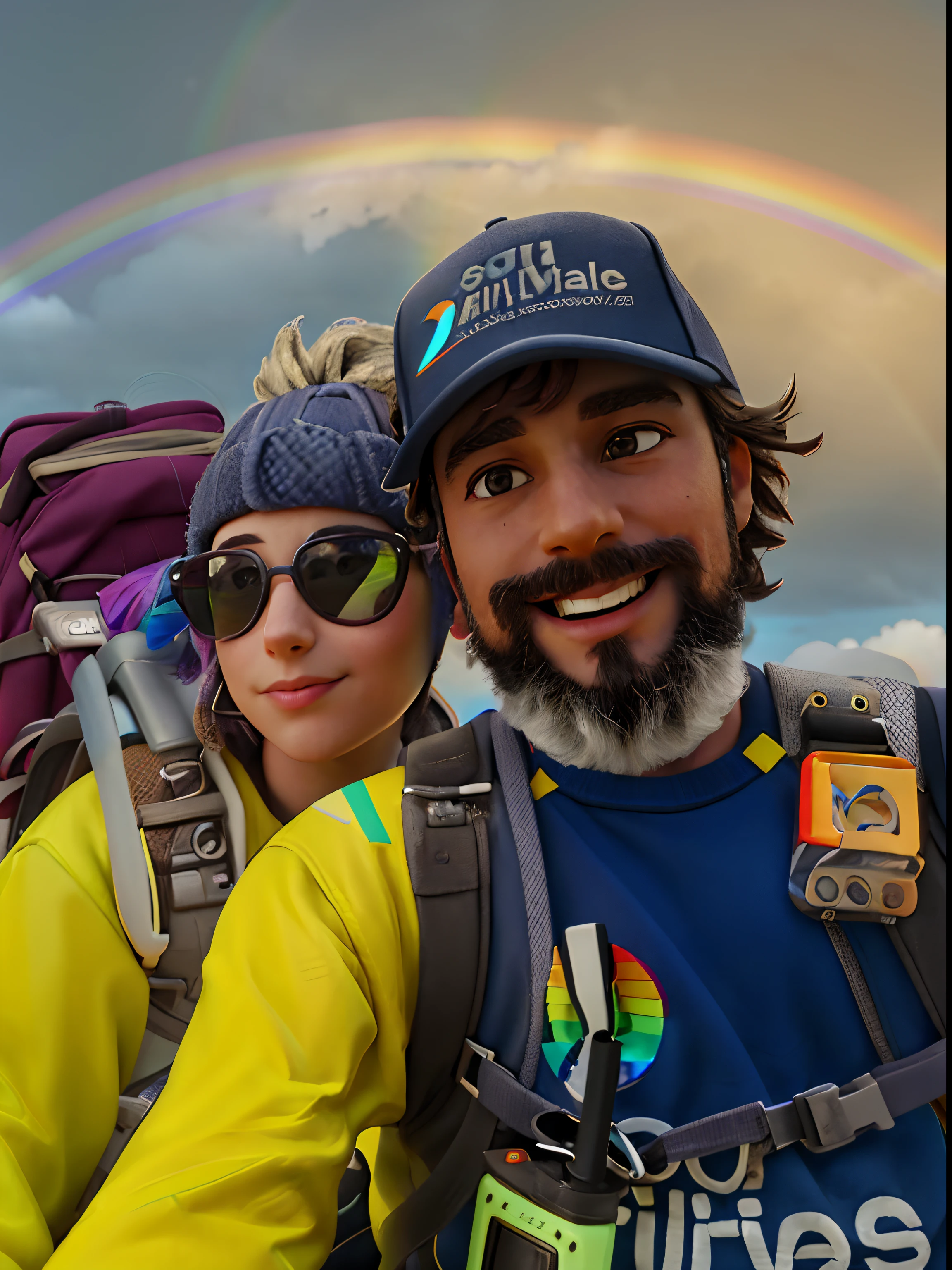 there is a man and woman that are standing together in front of a rainbow, grey skies with two rainbows, profile image, rainbows in the background, sitting on top of a rainbow, profile picture, wearing adventuring gear, rainbow trail, by Kathleen Scott, 8k photo, 8 k photo, millaise and greg rutkowski, jenna barton