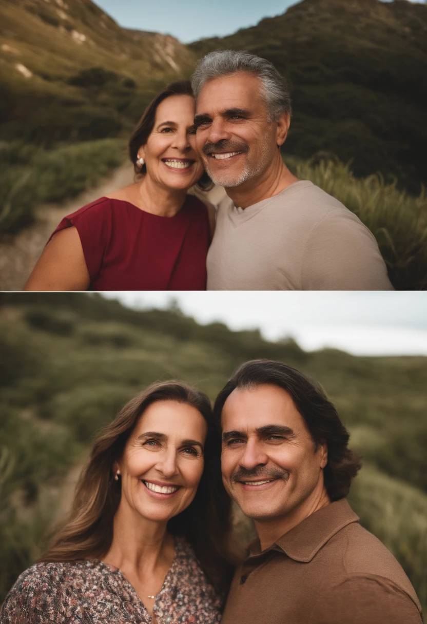 there is a man and woman standing next to each other, holiday photography, momma and papa, fotografia Selfie, 4 5 I, com montanhas ao fundo, high - resolution scan, Oi - Res Scan, selfie shot straight on angle, Selfie, Casal feliz, fotografia descoberta, 3 0 anos mulher, taken with the best dlsr camera, Fotografia Selfie 8k, fotografia