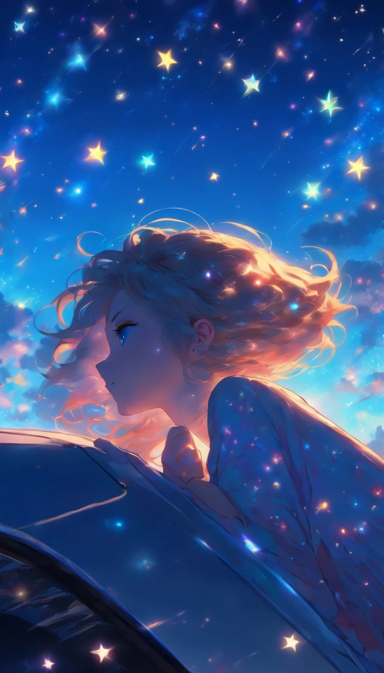 Woman leaning against car.hair is long. A wistful look.profile.Fantastic sky. crystal clear skies.Floating stars and planets.Fantastic.High quality down to the smallest detail. fantastic landscape . People are far away