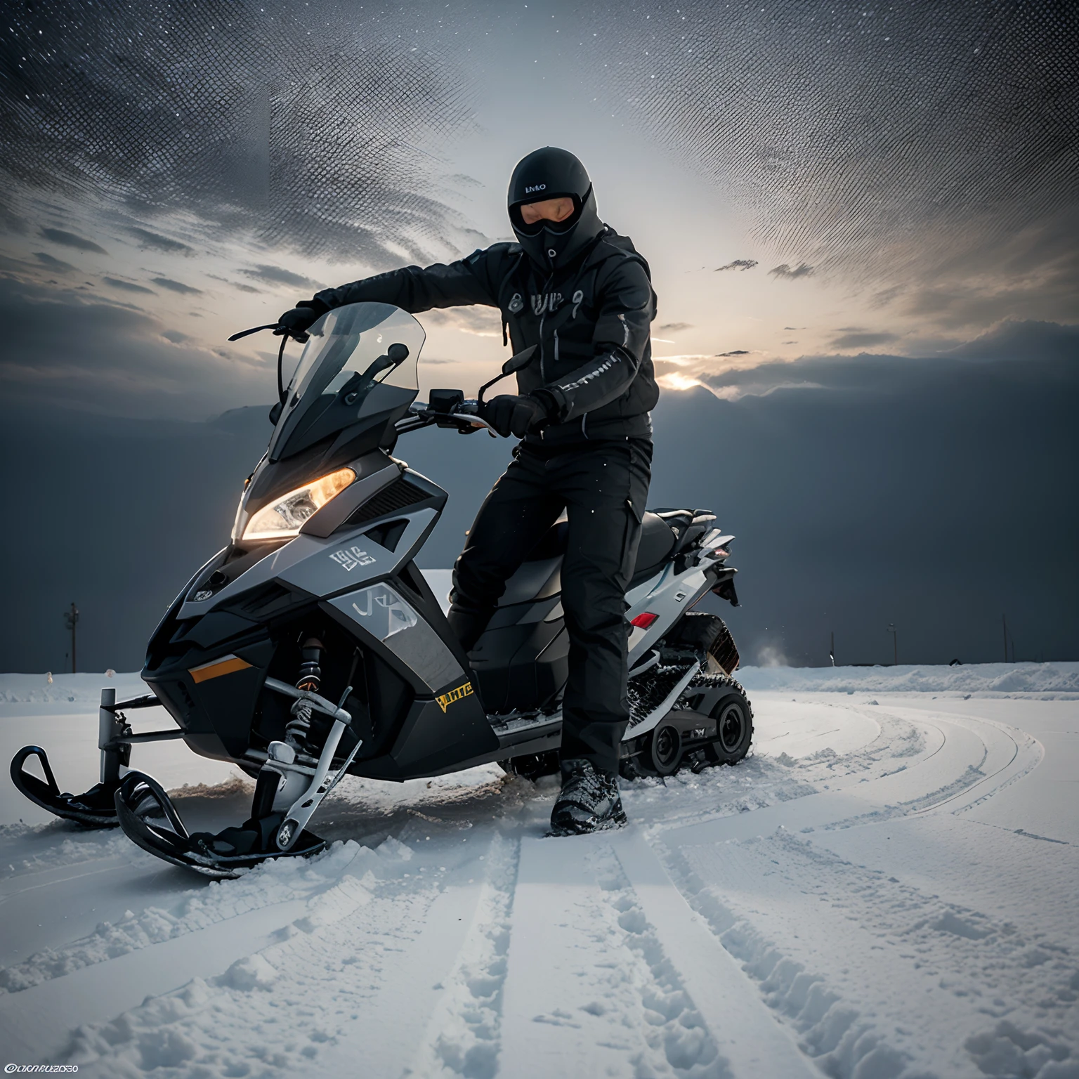 Cuerpo completo. Gray alien riding a snowmobile riding the snow-covered road in the middle of winter, gran angular, octanaje renderizado, iluminacion volumetrica, golden ratio, trending on artstation, imagen en 3D, renderizado 3D, resolucion 64K. photographic style: Lente 50mm apertura F2.5 Nikon D500. Sugerencias: No debe salir: Feo, ruido, grano, mala anatomia, malas proporciones, mal arte, mal dibujado, cara mala dibujada, mutado, mutilate, morbid, miembros perdidos, miembros extras, miembros flotantes, miembros fusionados, fuera de foco, fuera de marco, low res, Cartoon, plastico, Undressed