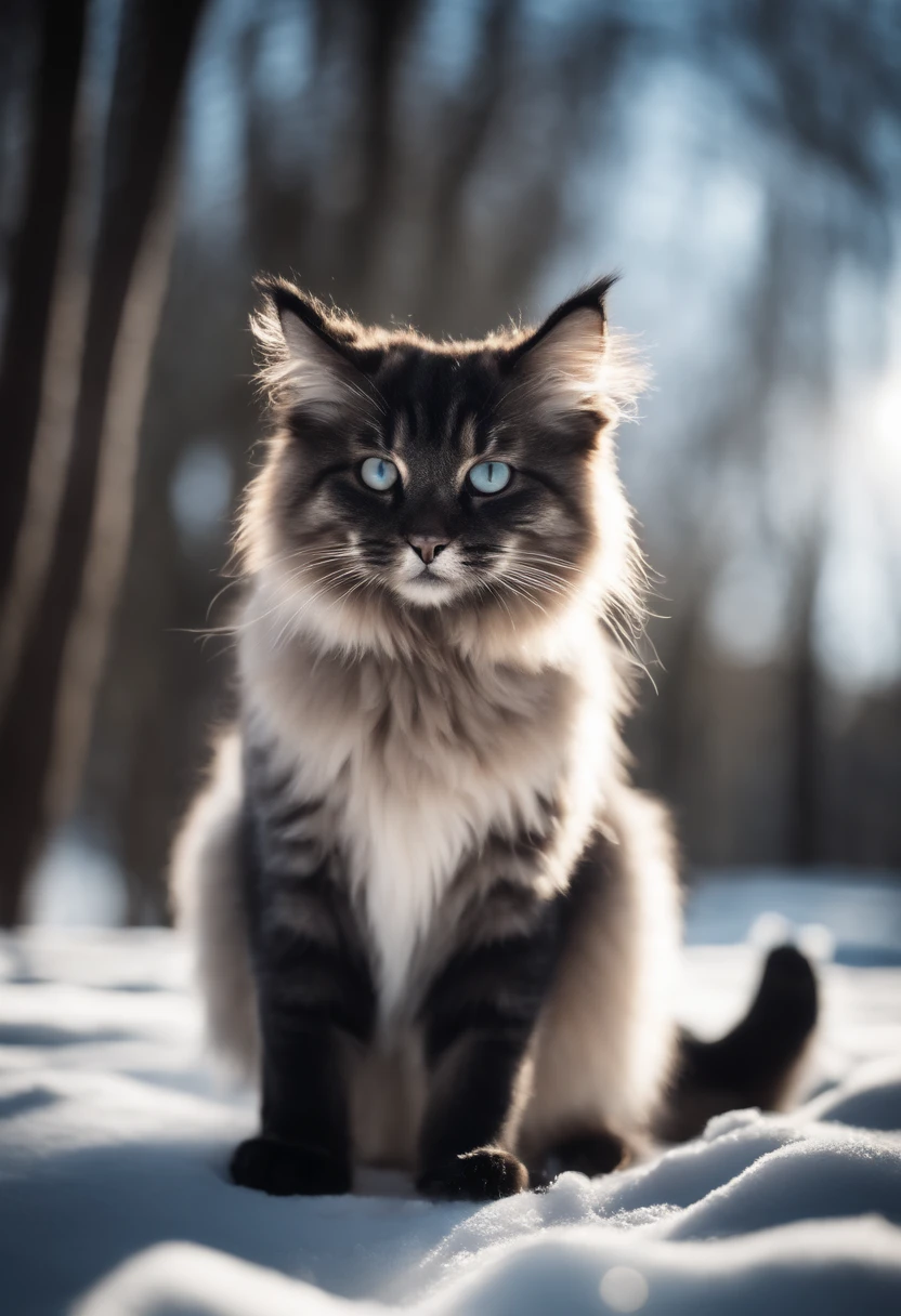 Gato siberiano gigante fofo prateado e preto, fundo da neve e dos pinheiros, luz solar brilhante