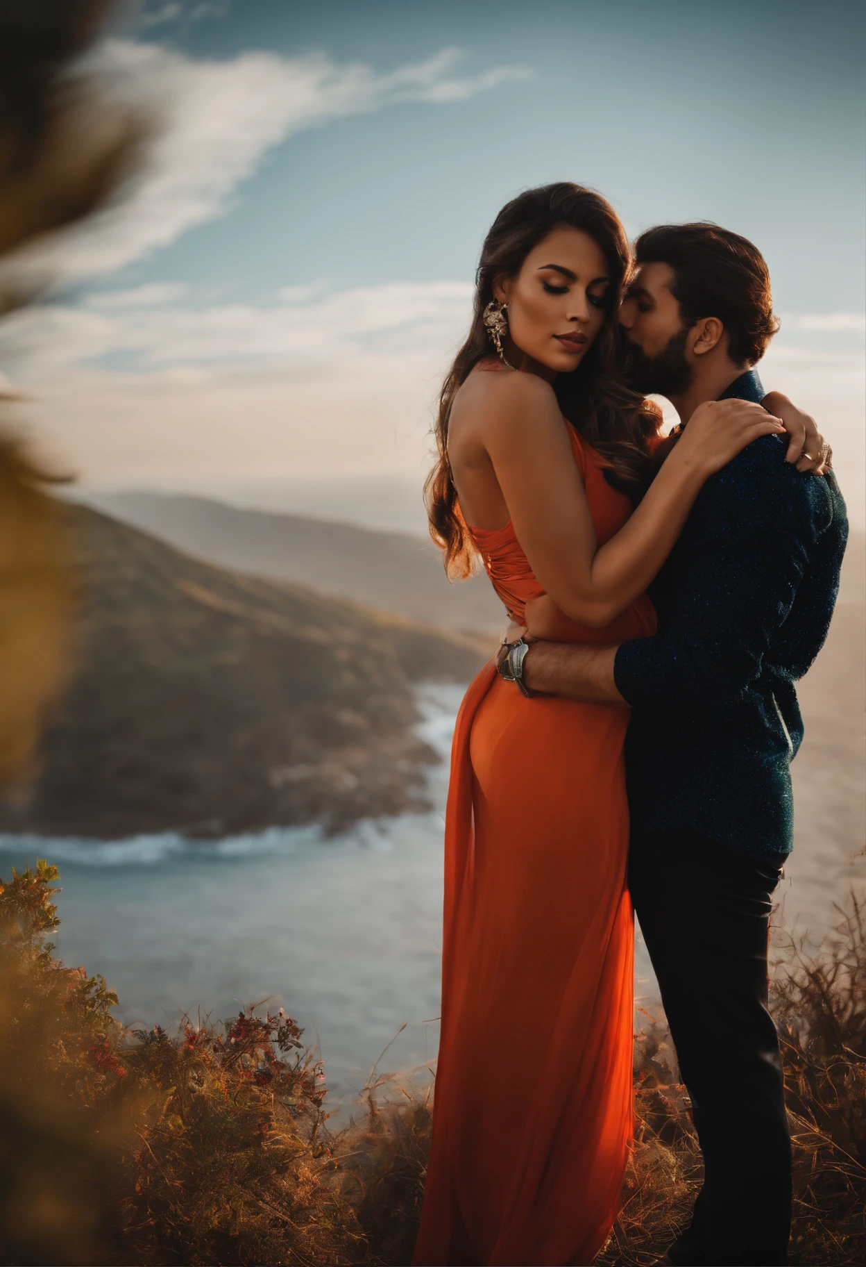 Um casal, apaixonado, com cabelos pretos
