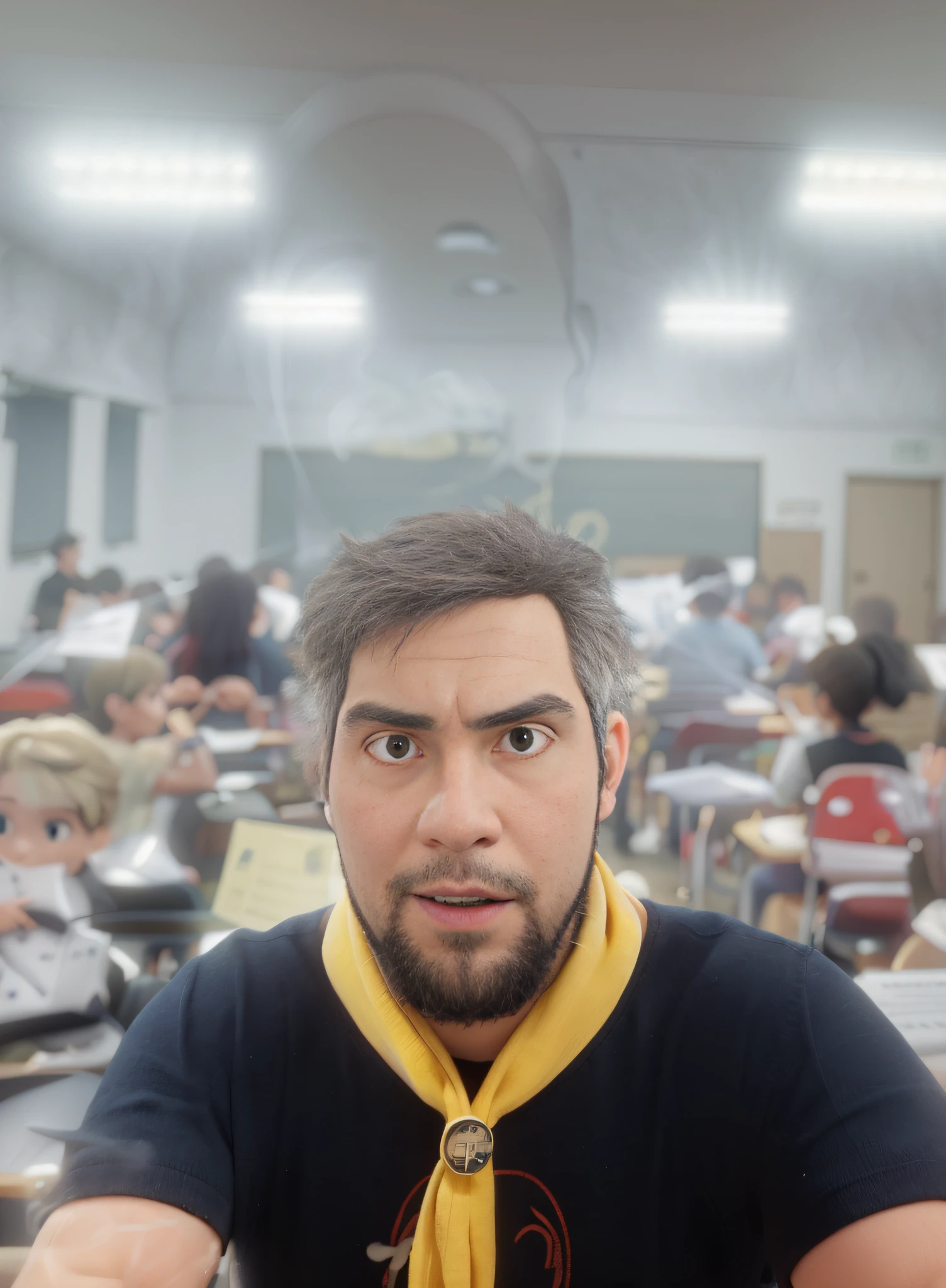 There's a man who's wearing a yellow scarf with a red border, cabelo grisalho, com o olhar fixo olhando pra self, In a music classroom, Fotografia selfie 8k, imagem de qualidade muito baixa, em uma oficina, sentado na sala de musica, music school, foto do perfil, imagem desfocada, em segundo plano, In a music room