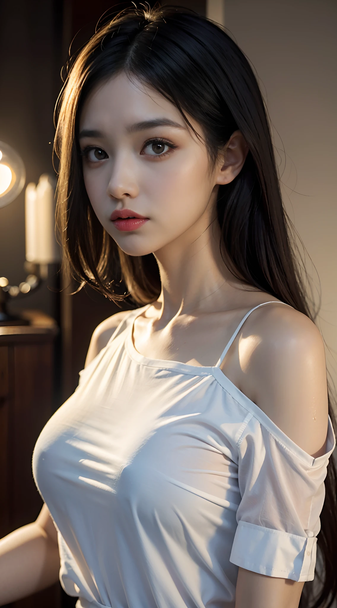 Best quality, masterpiece, super high resolution, (fidelity: 1.4), original photo, 1girl, goose egg face, big eyes, huge breasts, transparent shirt, long eyelashes, painted light makeup, off-the-shoulders, shirt, movie lighting, summer evening, heat, sweat