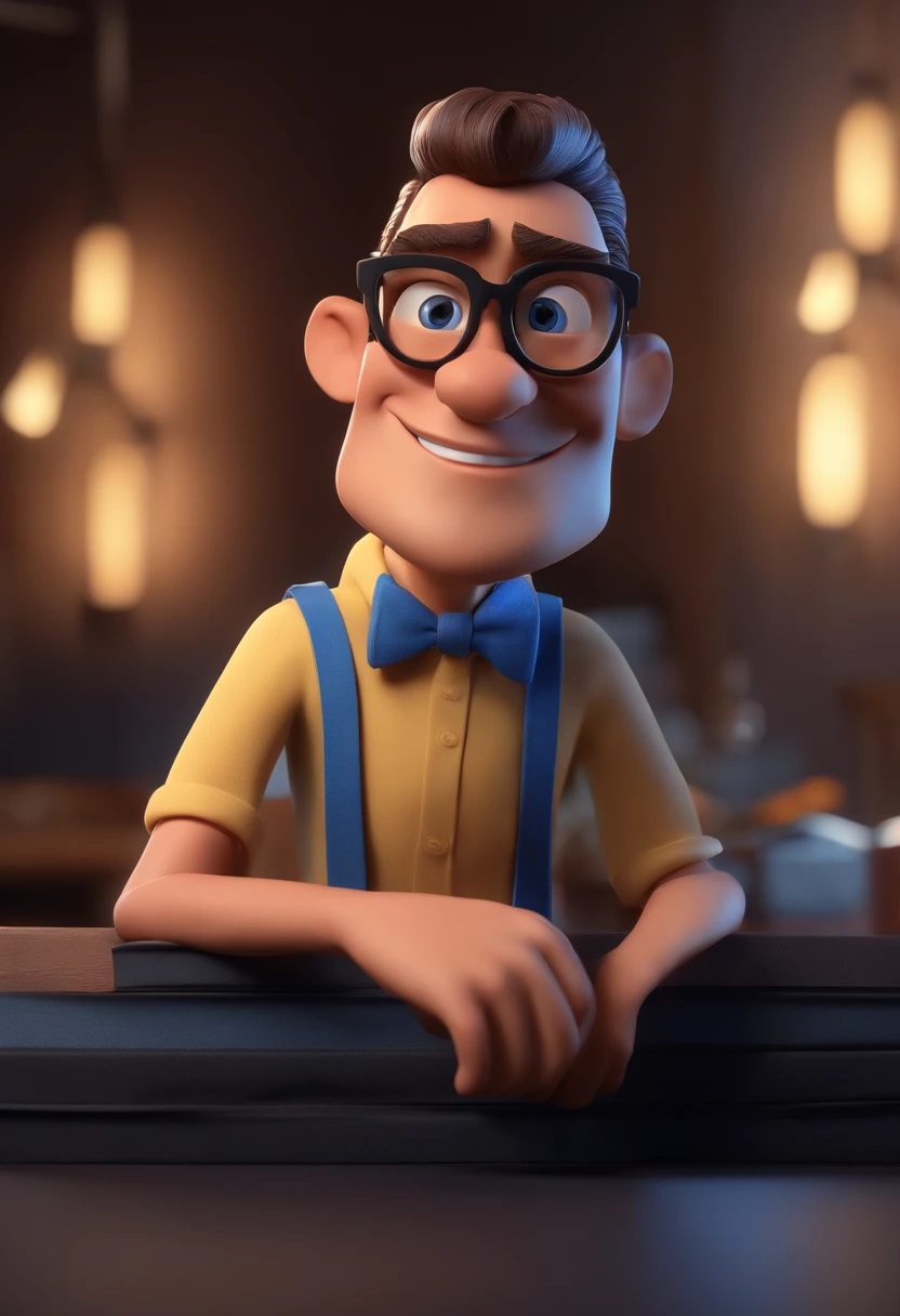 Cartoon character of a man with black glasses and a blue shirt, animation character, Caractere estilizado, animation style rendering, 3D estilizado, Arnold Maya render, 3 d render stylized, toon render keyshot, Personagem 3D, Personagem 3D, 3d rendering stylized, 3 d character render, personagem de desenho animado, Personagem de close up, Pose de personagem,  (Estilo Pixar) (master part:1.2) (Bokeh) (best quality) (pele detalhada) (textura detalhada) (8k) (argila) (Cinematic lighting) (foco nítido