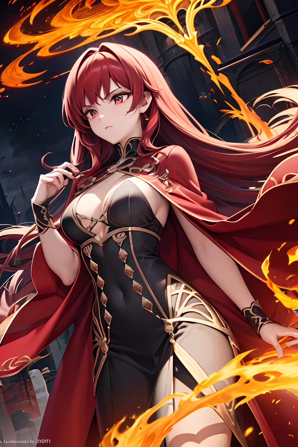 A fiery-haired sorceress, adorned in a flowing red cloak, unleashes a devastating spell in the midst of a raging thunderstorm. Captivate with intricate details, vibrant colors, and a sense of raw power. --ar 16:9 --v 5.2