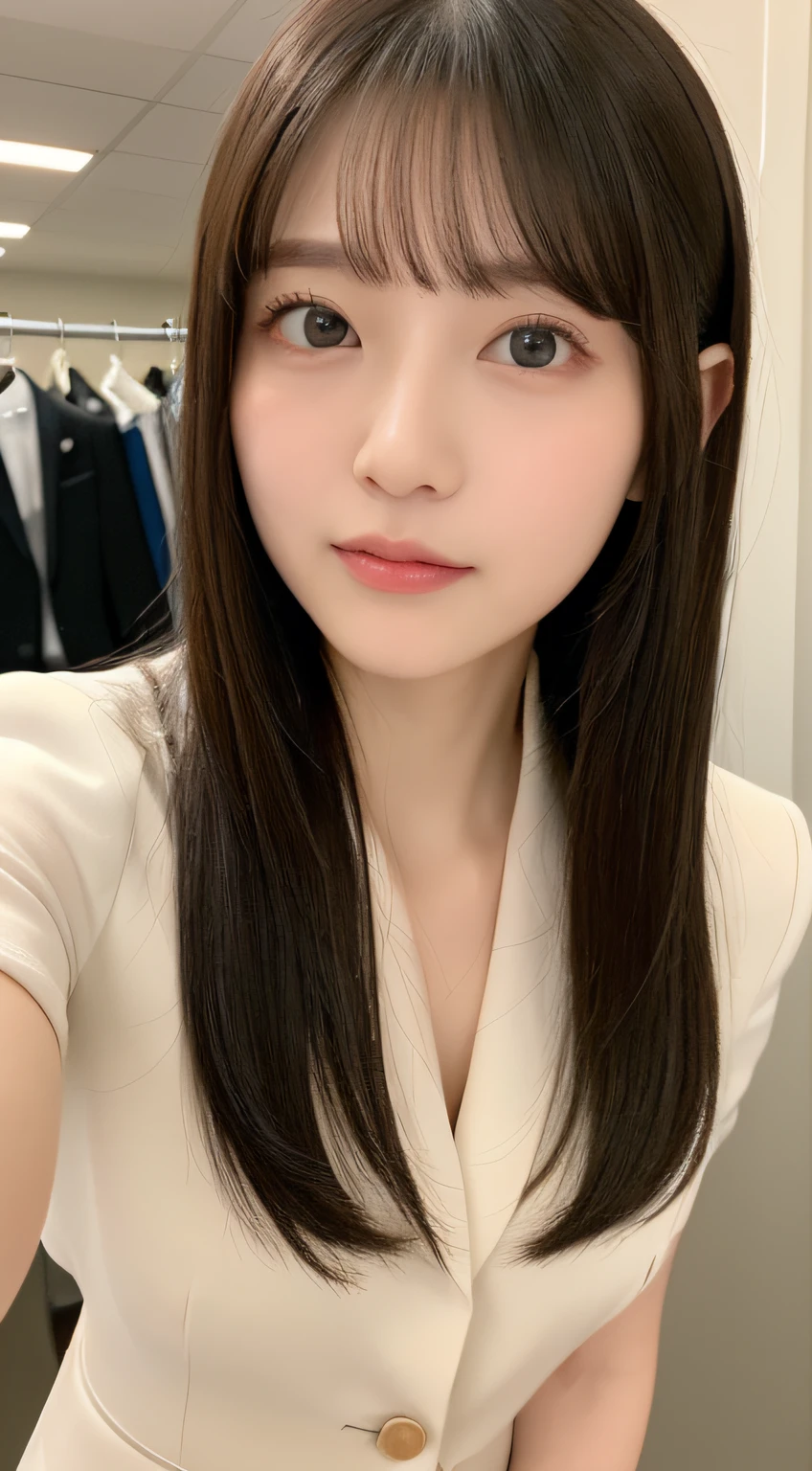 ((top-quality、8K、​masterpiece:1.5))、One girl、(Unhealthy face)、(Letter to)、Blunt bangs、(Lots of bangs:1.3)、(full body Esbian:1.4)、(Symmetrical face)、hyperdetailed face、Ultra detailed mouth、A detailed eye、Detailed ears、Slim Faces、(selfee:1.3)、(off shoulders)、(Armpit)、(Looking Up)、(From  above)、(Straight long hair、Ahoge:1.3)、(Upper Eyes)、the background is blurred、(Sheer shirt:1.3)、(I can see the cleavage:0.7)、lipgloss、(Beauty Salon)、(turning off lights)、