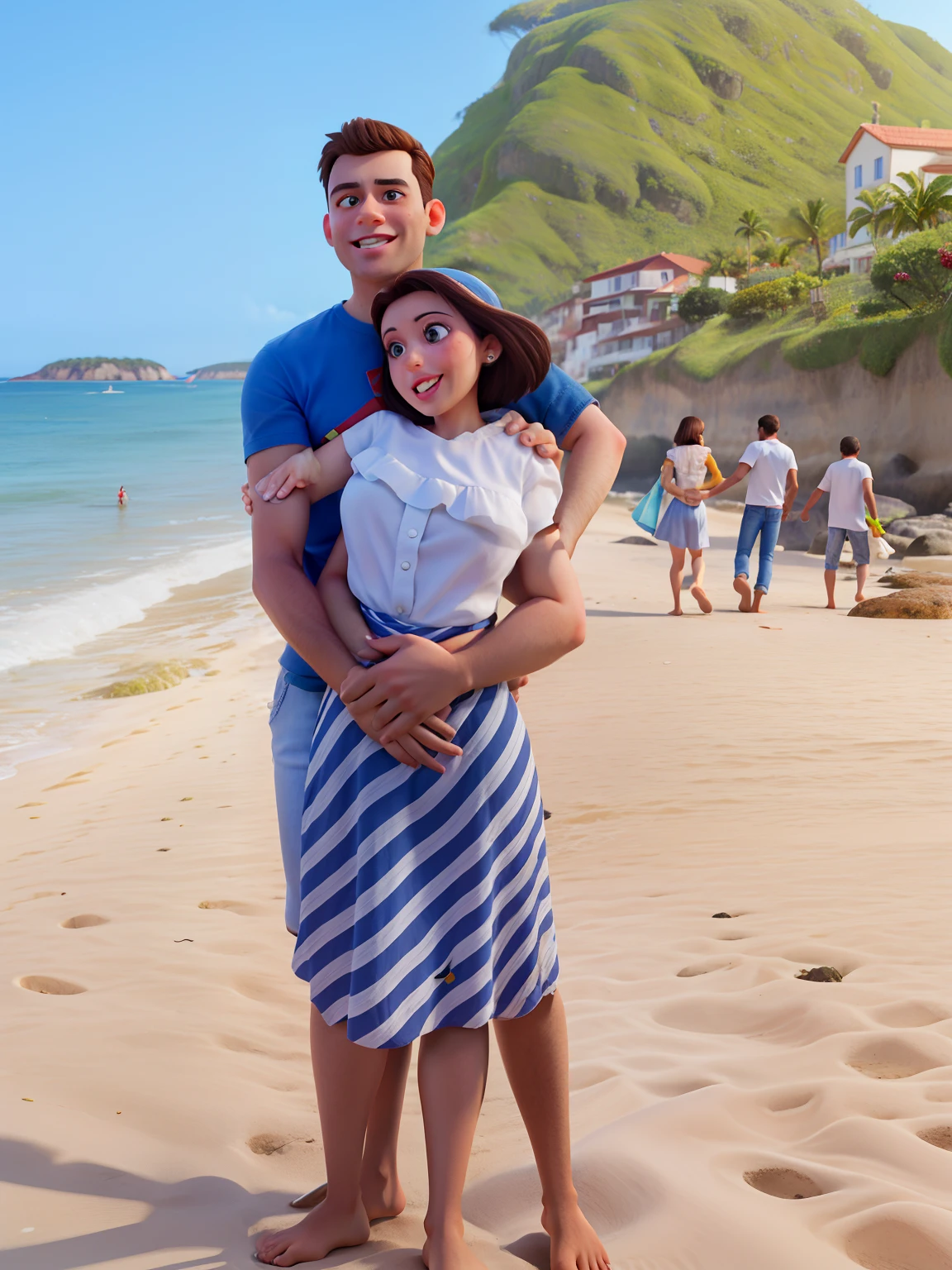 obra-prima, alta qualidade melhor qualidade, 1girl, franja, praia, casal, pixar, amor, beira mar