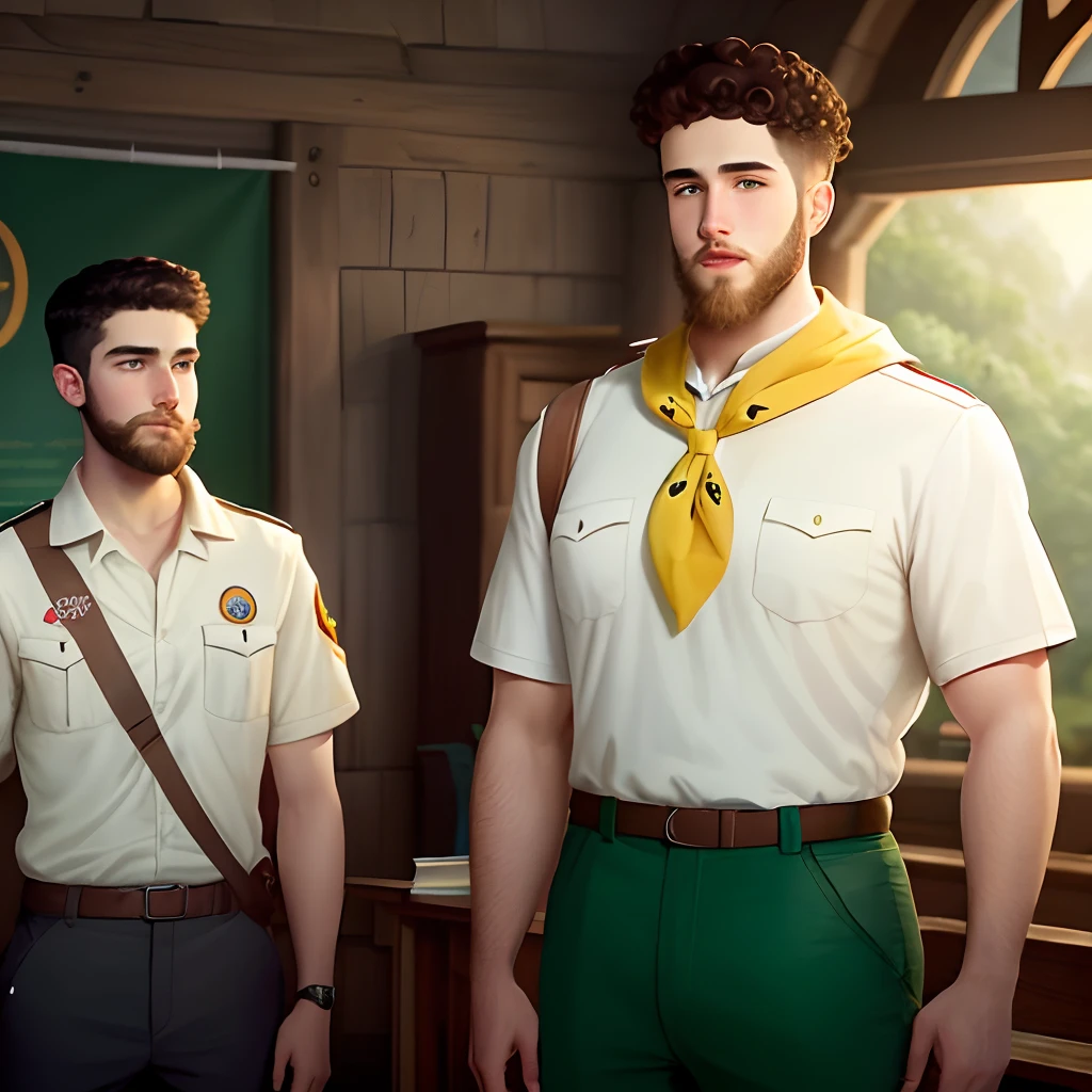 Disney Pixar type of a young white man with big face and beard short curly hair cut from the sides  
Dark brown eyes wearing Boy Scout outfit White shirt and green pants Yellow Boy Scout Scarf inside Evangelical Church